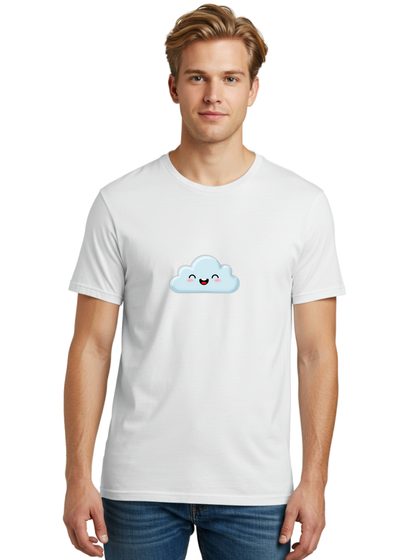 Smiling-Cloud Men'S Graphic Tee, 100% Cotton, Comfortable Casual Summer Wear, Machine Washable, Cute Cloud, Cartoon Cloud, Smiling Face, Happy Emotions, Rosy Cheeks, Cheerful Expression, Whimsical Character, Digital Illustration, Kawaii Cloud Bae103