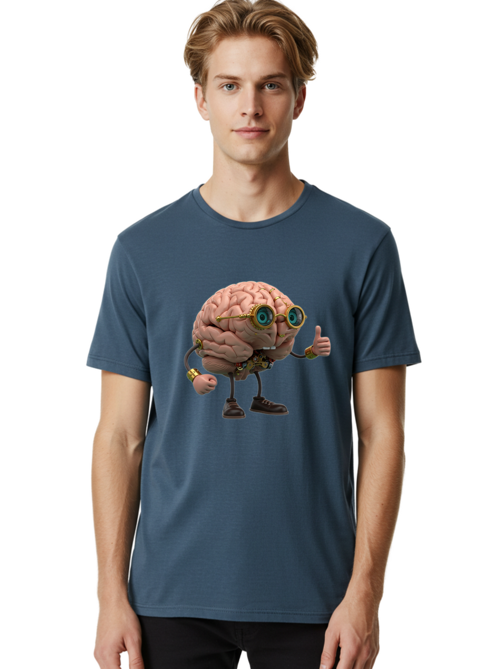 Steampunk-Brain-Character Men'S Graphic Tee, 100% Cotton, Comfortable Casual Summer Wear, Machine Washable, Human Brain With Legs, Brain Character, Steampunk Style, Goggles On Brain, Thumbs Up, Creative Concept, Intelligent Design, Bae104