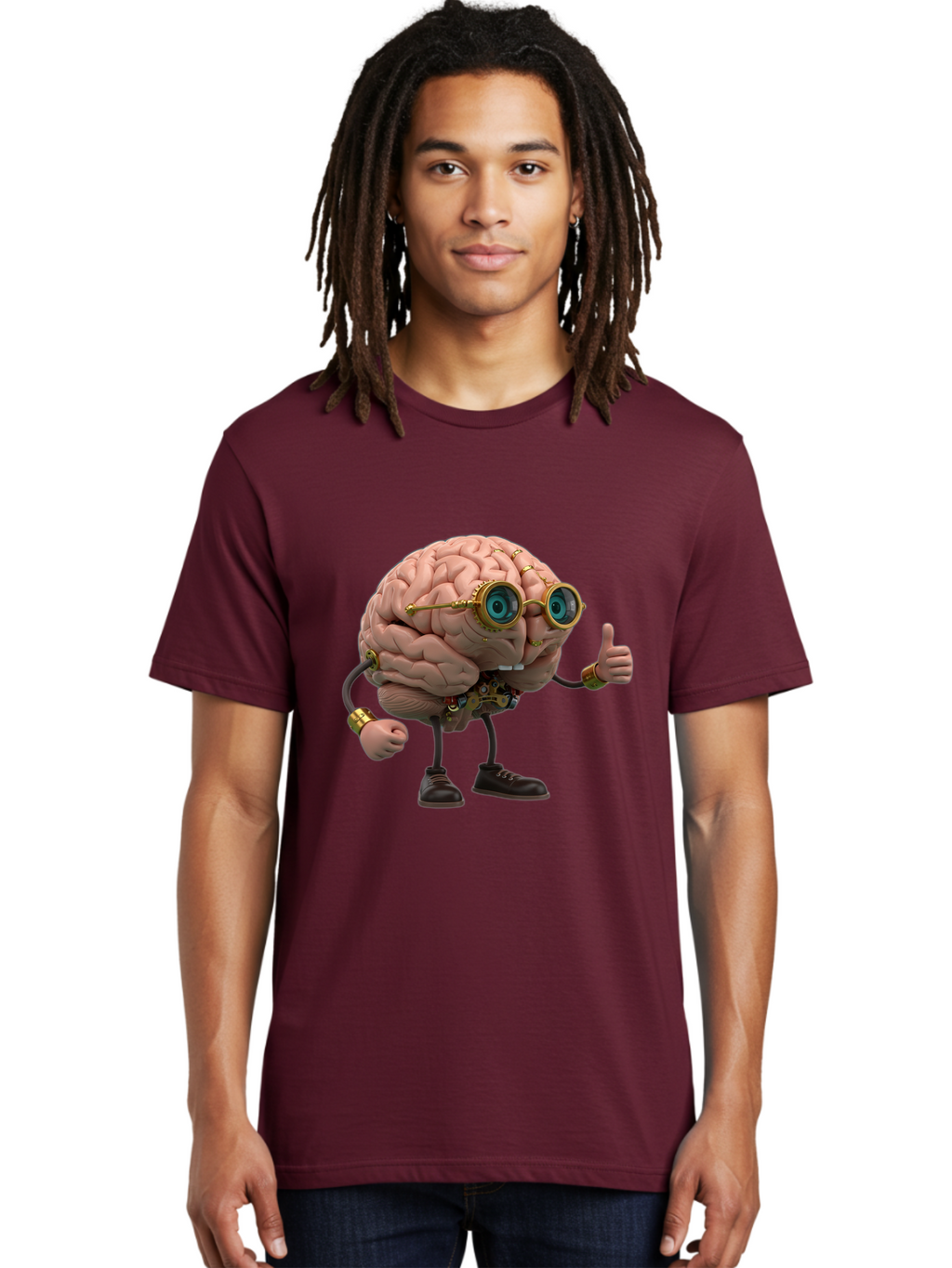 Steampunk-Brain-Character Men'S Graphic Tee, 100% Cotton, Comfortable Casual Summer Wear, Machine Washable, Human Brain With Legs, Brain Character, Steampunk Style, Goggles On Brain, Thumbs Up, Creative Concept, Intelligent Design, Bae104