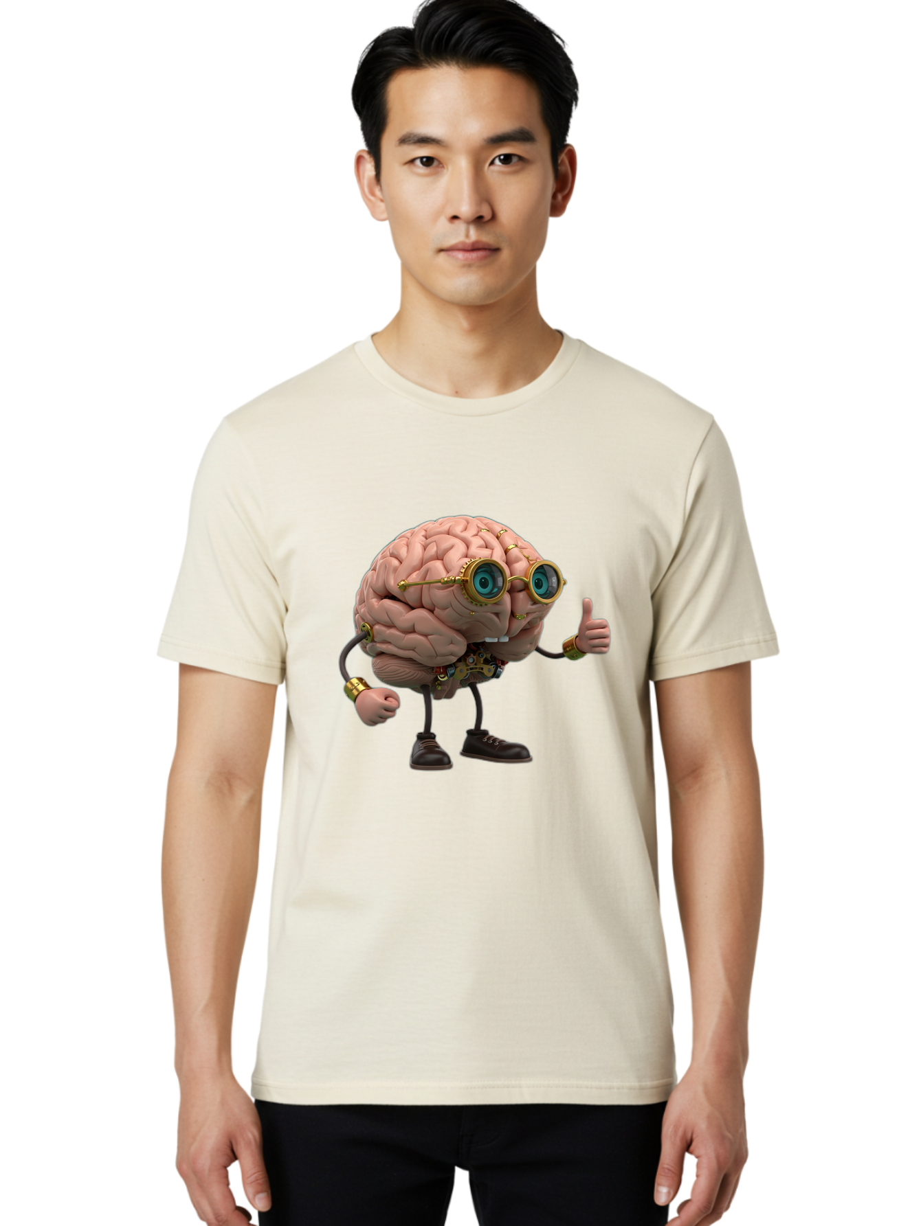 Steampunk-Brain-Character Men'S Graphic Tee, 100% Cotton, Comfortable Casual Summer Wear, Machine Washable, Human Brain With Legs, Brain Character, Steampunk Style, Goggles On Brain, Thumbs Up, Creative Concept, Intelligent Design, Bae104
