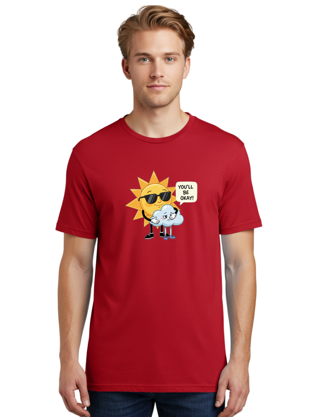 Sun-Comforting-Cloud Men'S Graphic Tee, 100% Cotton, Comfortable Casual Summer Wear, Machine Washable, Sun Wearing Sunglasses, Comforting A Sad Cloud, You'Ll Be Okay!, Emotional Support, Cartoon Characters, Positive Vibes, Bae105
