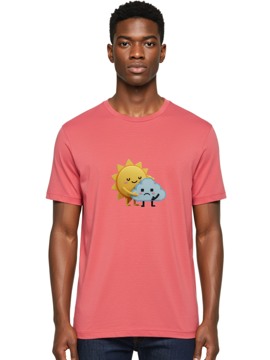 Sun-Hugging-Cloud Men'S Graphic Tee, 100% Cotton, Comfortable Casual Summer Wear, Machine Washable, Sun And Cloud, Smiling Face, Sad Face, Friendship, Anthropomorphic Characters, Emotional Weather, Cartoon Style, Weather Elements, Bae106