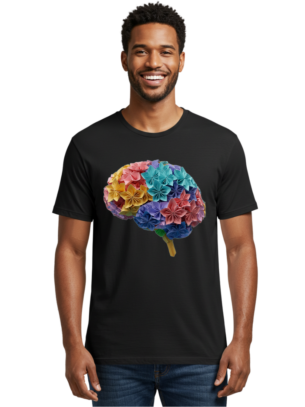 Tree-With-Origami-Flowers Men'S Graphic Tee, 100% Cotton, Comfortable Casual Summer Wear, Machine Washable, Origami Flowers, Colorful Tree, Paper Art, Folded Flowers, Creative Design, Vibrant Colors, Artful Arrangement, Decorative Piece, Bae108