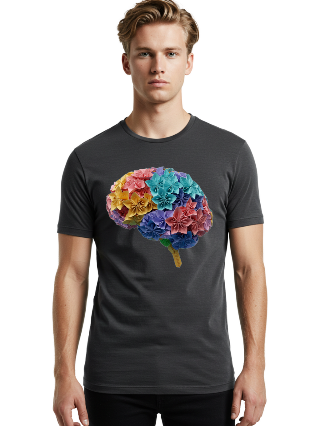 Tree-With-Origami-Flowers Men'S Graphic Tee, 100% Cotton, Comfortable Casual Summer Wear, Machine Washable, Origami Flowers, Colorful Tree, Paper Art, Folded Flowers, Creative Design, Vibrant Colors, Artful Arrangement, Decorative Piece, Bae108