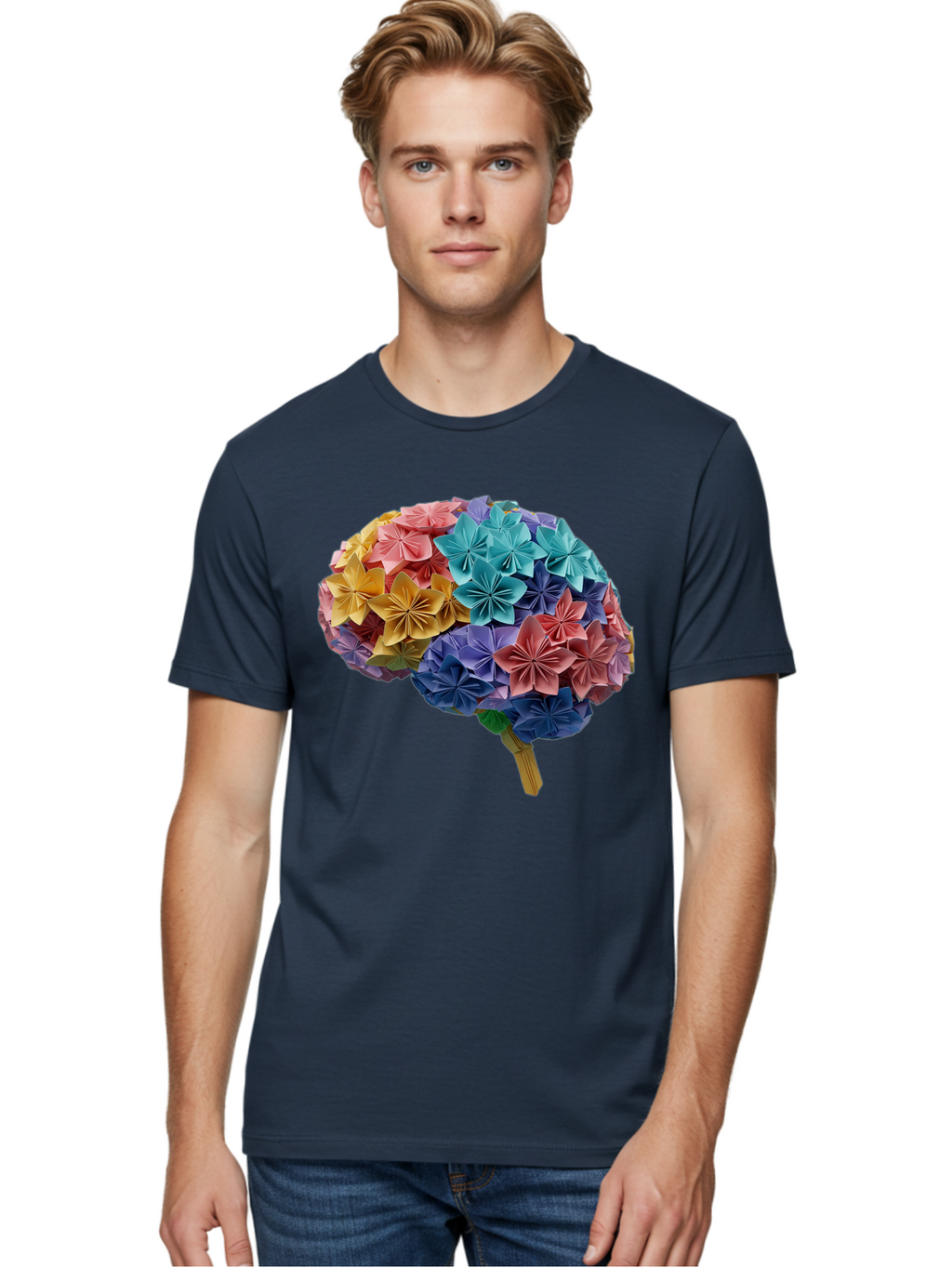 Tree-With-Origami-Flowers Men'S Graphic Tee, 100% Cotton, Comfortable Casual Summer Wear, Machine Washable, Origami Flowers, Colorful Tree, Paper Art, Folded Flowers, Creative Design, Vibrant Colors, Artful Arrangement, Decorative Piece, Bae108