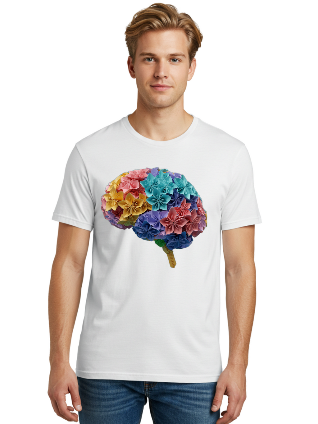 Tree-With-Origami-Flowers Men'S Graphic Tee, 100% Cotton, Comfortable Casual Summer Wear, Machine Washable, Origami Flowers, Colorful Tree, Paper Art, Folded Flowers, Creative Design, Vibrant Colors, Artful Arrangement, Decorative Piece, Bae108