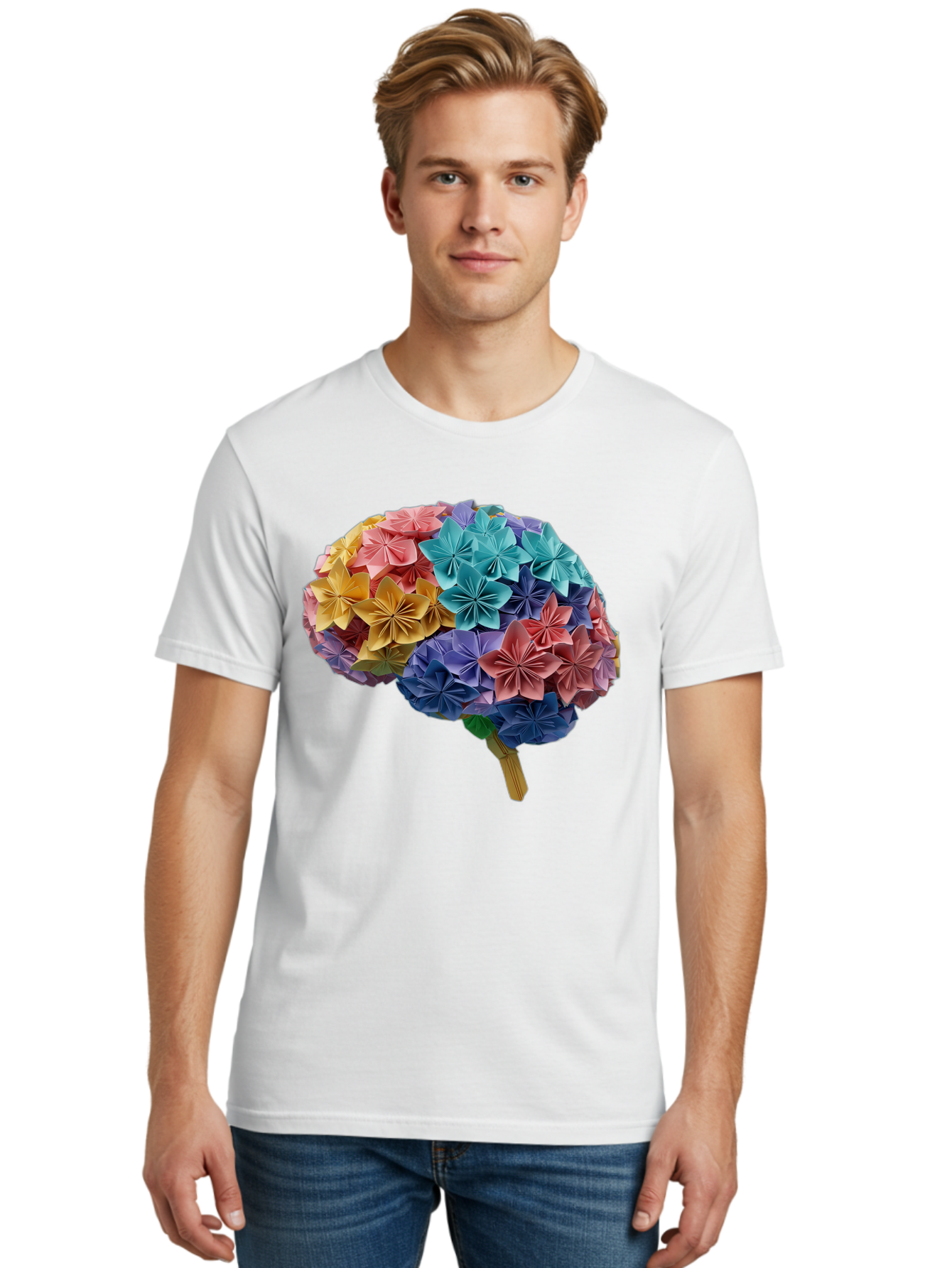 Tree-With-Origami-Flowers Men'S Graphic Tee, 100% Cotton, Comfortable Casual Summer Wear, Machine Washable, Origami Flowers, Colorful Tree, Paper Art, Folded Flowers, Creative Design, Vibrant Colors, Artful Arrangement, Decorative Piece, Bae108