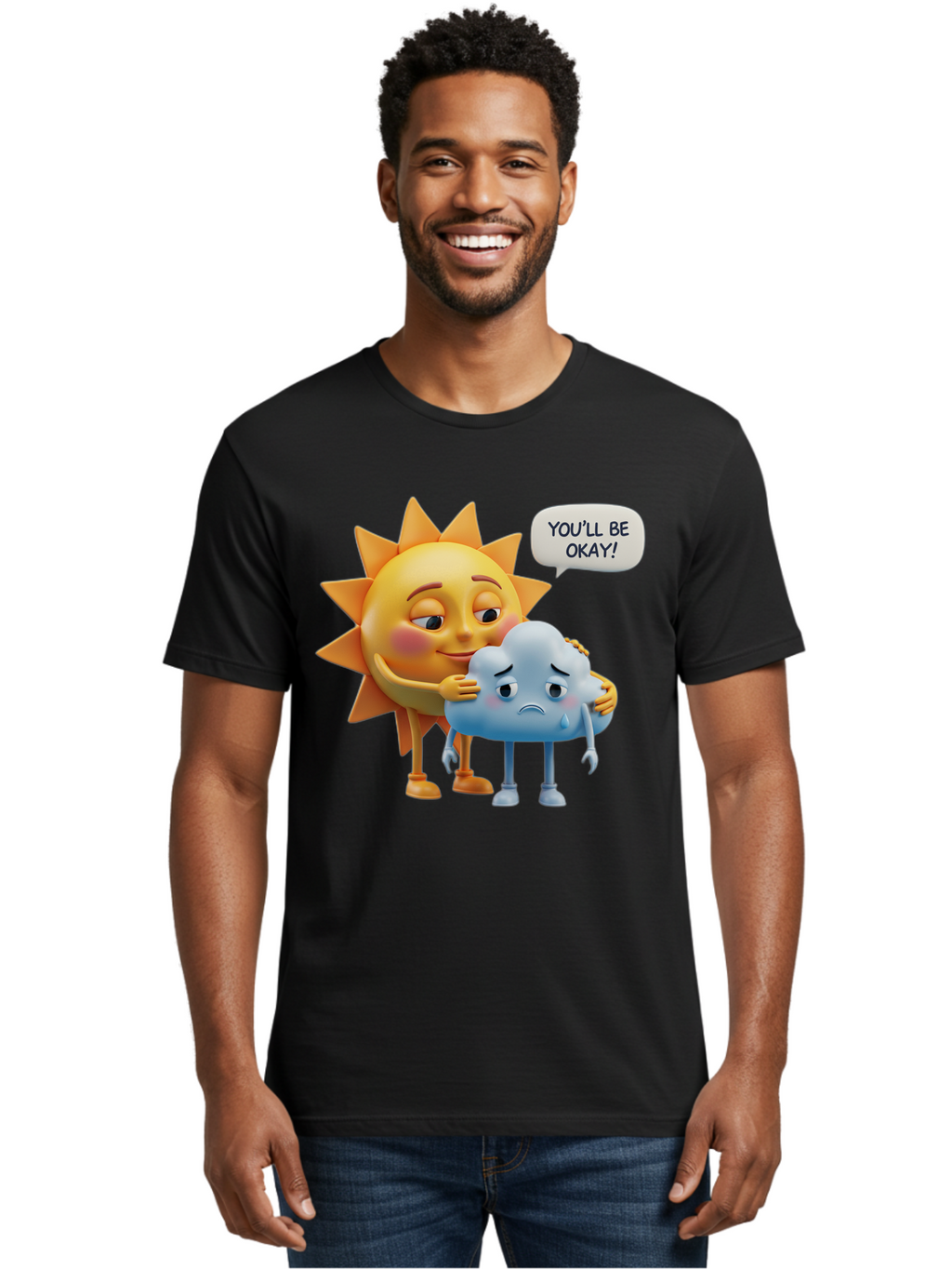 You-Ll-Be-Okay Men'S Graphic Tee, 100% Cotton, Comfortable Casual Summer Wear, Machine Washable, Sun Hugging Sad Cloud, Reassuring Words, Emotional Support, Comforting Scene, Mental Health Awareness, Positivity, Friendship, Cartoon Characters Bae110