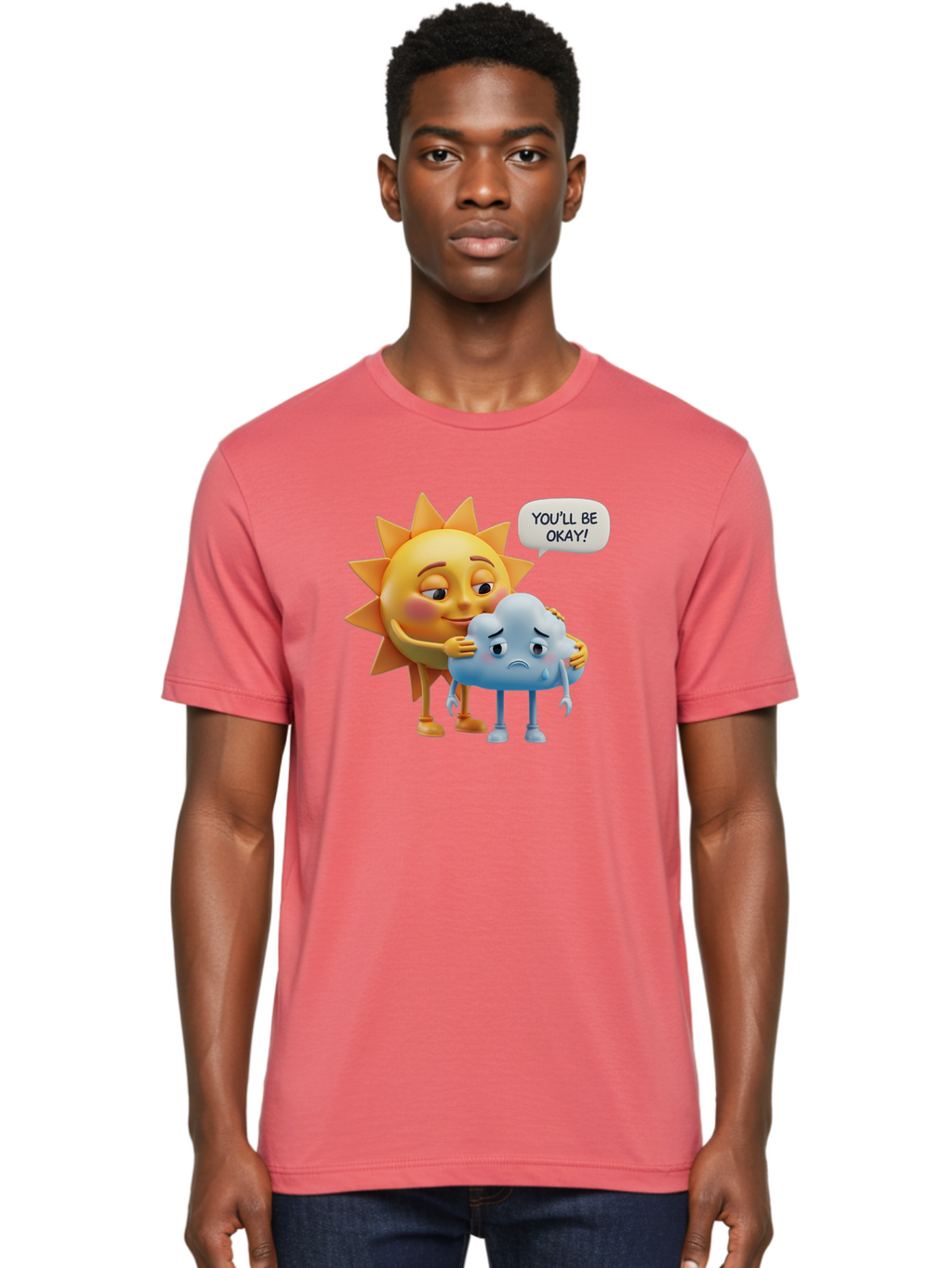 You-Ll-Be-Okay Men'S Graphic Tee, 100% Cotton, Comfortable Casual Summer Wear, Machine Washable, Sun Hugging Sad Cloud, Reassuring Words, Emotional Support, Comforting Scene, Mental Health Awareness, Positivity, Friendship, Cartoon Characters Bae110