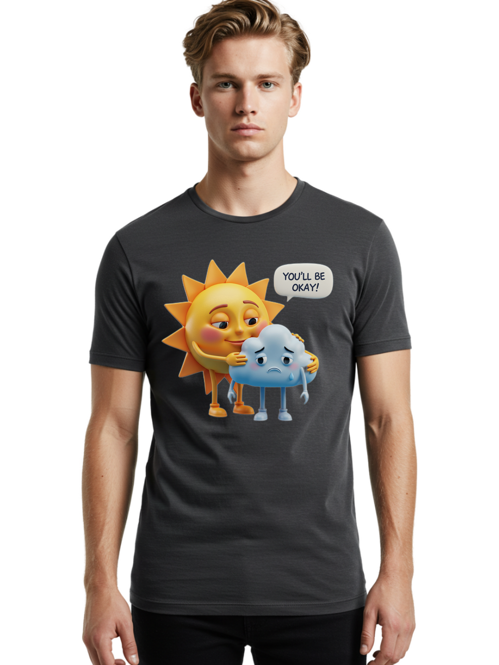 You-Ll-Be-Okay Men'S Graphic Tee, 100% Cotton, Comfortable Casual Summer Wear, Machine Washable, Sun Hugging Sad Cloud, Reassuring Words, Emotional Support, Comforting Scene, Mental Health Awareness, Positivity, Friendship, Cartoon Characters Bae110