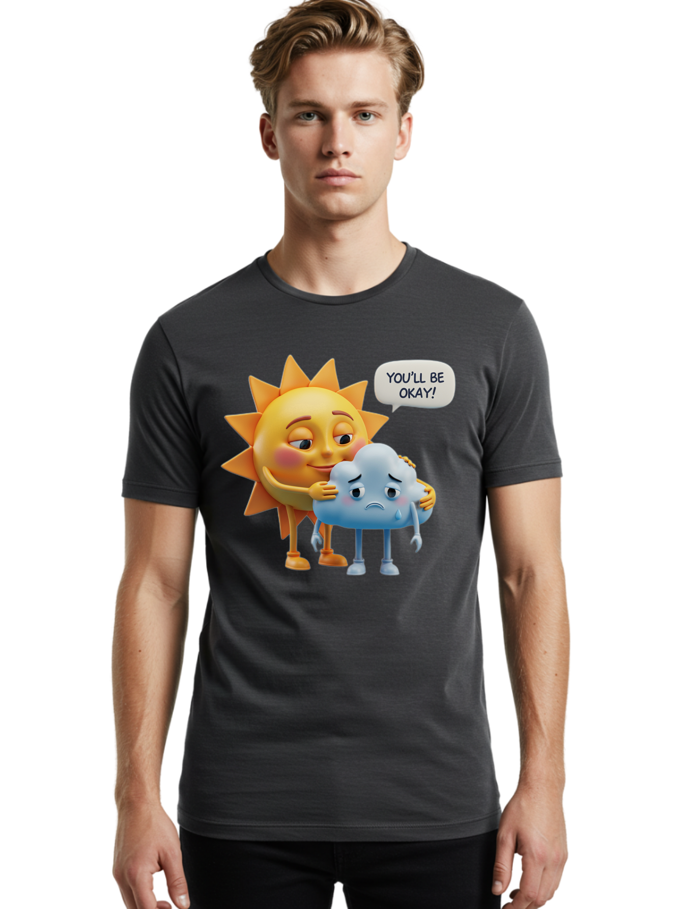 You-Ll-Be-Okay Men'S Graphic Tee, 100% Cotton, Comfortable Casual Summer Wear, Machine Washable, Sun Hugging Sad Cloud, Reassuring Words, Emotional Support, Comforting Scene, Mental Health Awareness, Positivity, Friendship, Cartoon Characters Bae110
