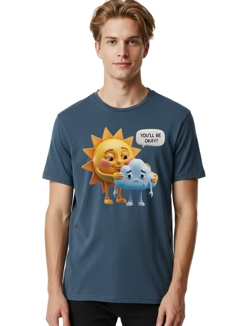 You-Ll-Be-Okay Men'S Graphic Tee, 100% Cotton, Comfortable Casual Summer Wear, Machine Washable, Sun Hugging Sad Cloud, Reassuring Words, Emotional Support, Comforting Scene, Mental Health Awareness, Positivity, Friendship, Cartoon Characters Bae110