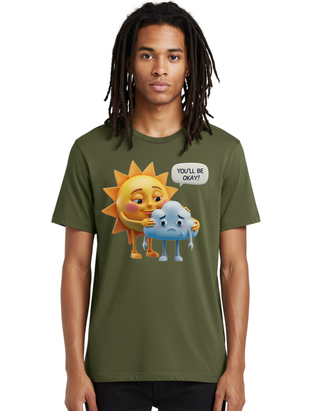 You-Ll-Be-Okay Men'S Graphic Tee, 100% Cotton, Comfortable Casual Summer Wear, Machine Washable, Sun Hugging Sad Cloud, Reassuring Words, Emotional Support, Comforting Scene, Mental Health Awareness, Positivity, Friendship, Cartoon Characters Bae110