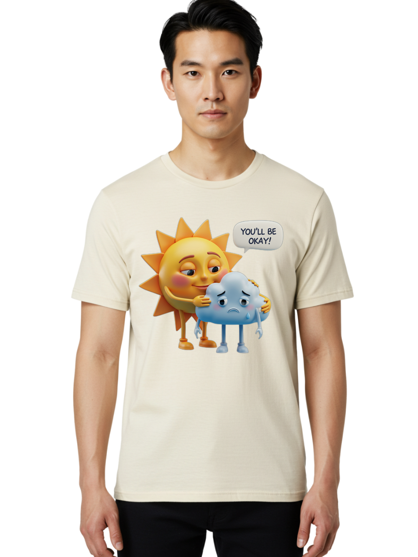 You-Ll-Be-Okay Men'S Graphic Tee, 100% Cotton, Comfortable Casual Summer Wear, Machine Washable, Sun Hugging Sad Cloud, Reassuring Words, Emotional Support, Comforting Scene, Mental Health Awareness, Positivity, Friendship, Cartoon Characters Bae110