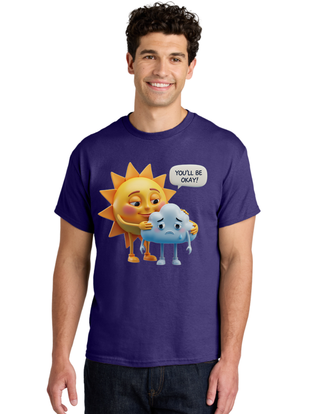 You-Ll-Be-Okay Men'S Graphic Tee, 100% Cotton, Comfortable Casual Summer Wear, Machine Washable, Sun Hugging Sad Cloud, Reassuring Words, Emotional Support, Comforting Scene, Mental Health Awareness, Positivity, Friendship, Cartoon Characters Bae110