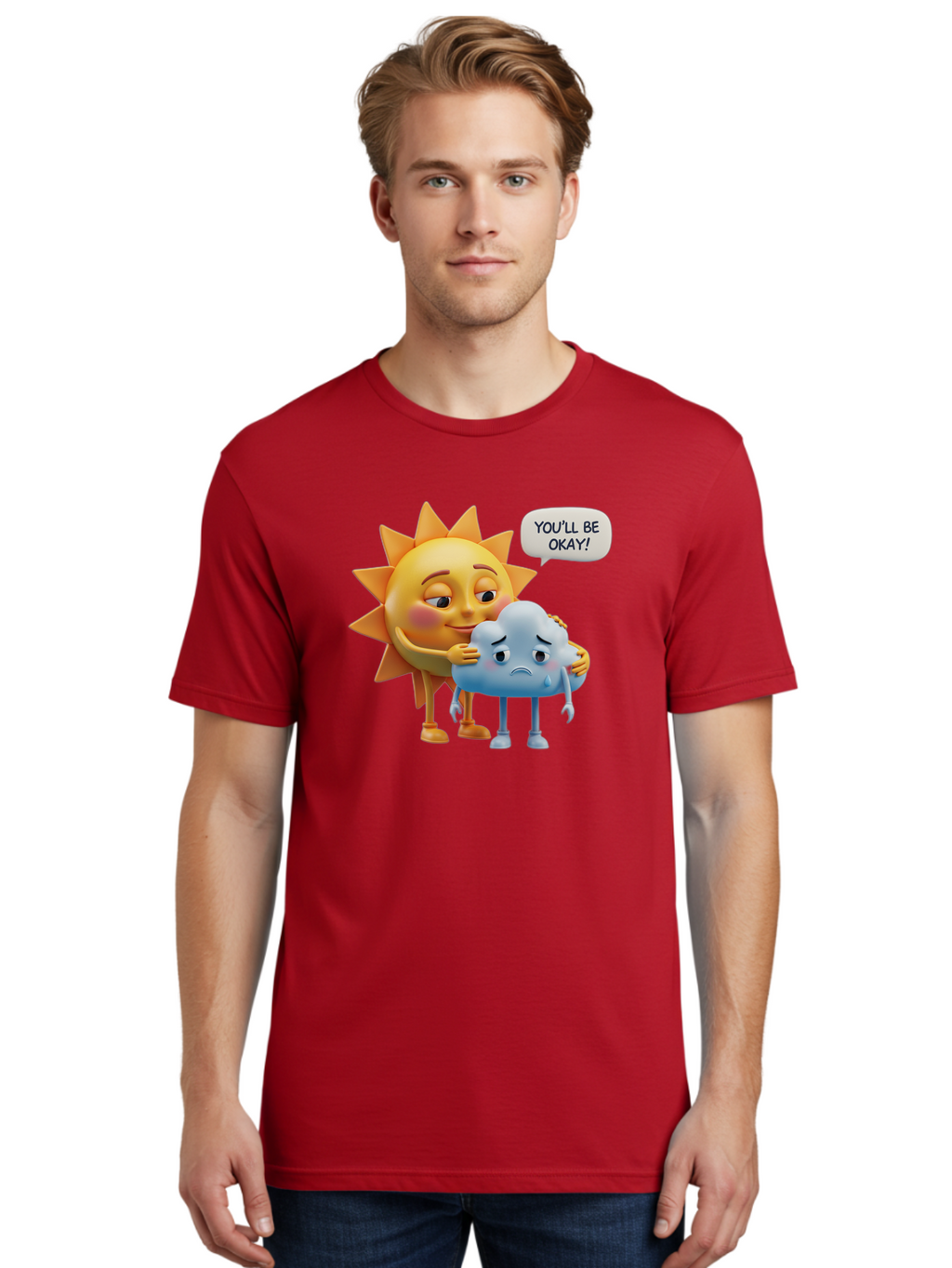 You-Ll-Be-Okay Men'S Graphic Tee, 100% Cotton, Comfortable Casual Summer Wear, Machine Washable, Sun Hugging Sad Cloud, Reassuring Words, Emotional Support, Comforting Scene, Mental Health Awareness, Positivity, Friendship, Cartoon Characters Bae110