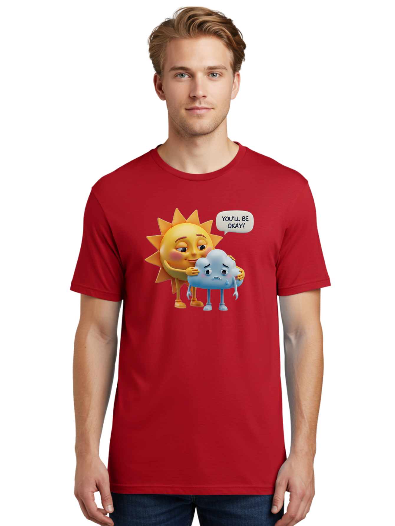 You-Ll-Be-Okay Men'S Graphic Tee, 100% Cotton, Comfortable Casual Summer Wear, Machine Washable, Sun Hugging Sad Cloud, Reassuring Words, Emotional Support, Comforting Scene, Mental Health Awareness, Positivity, Friendship, Cartoon Characters Bae110