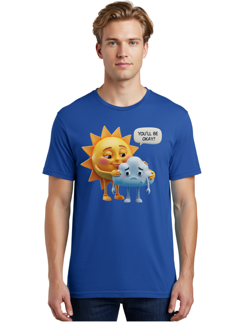 You-Ll-Be-Okay Men'S Graphic Tee, 100% Cotton, Comfortable Casual Summer Wear, Machine Washable, Sun Hugging Sad Cloud, Reassuring Words, Emotional Support, Comforting Scene, Mental Health Awareness, Positivity, Friendship, Cartoon Characters Bae110