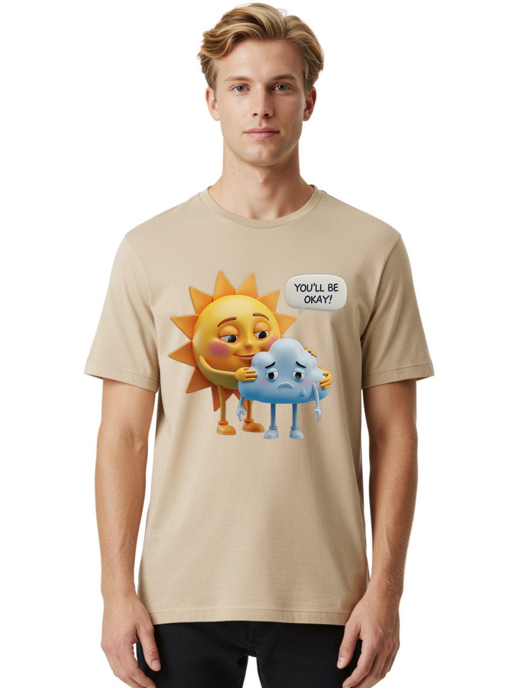You-Ll-Be-Okay Men'S Graphic Tee, 100% Cotton, Comfortable Casual Summer Wear, Machine Washable, Sun Hugging Sad Cloud, Reassuring Words, Emotional Support, Comforting Scene, Mental Health Awareness, Positivity, Friendship, Cartoon Characters Bae110