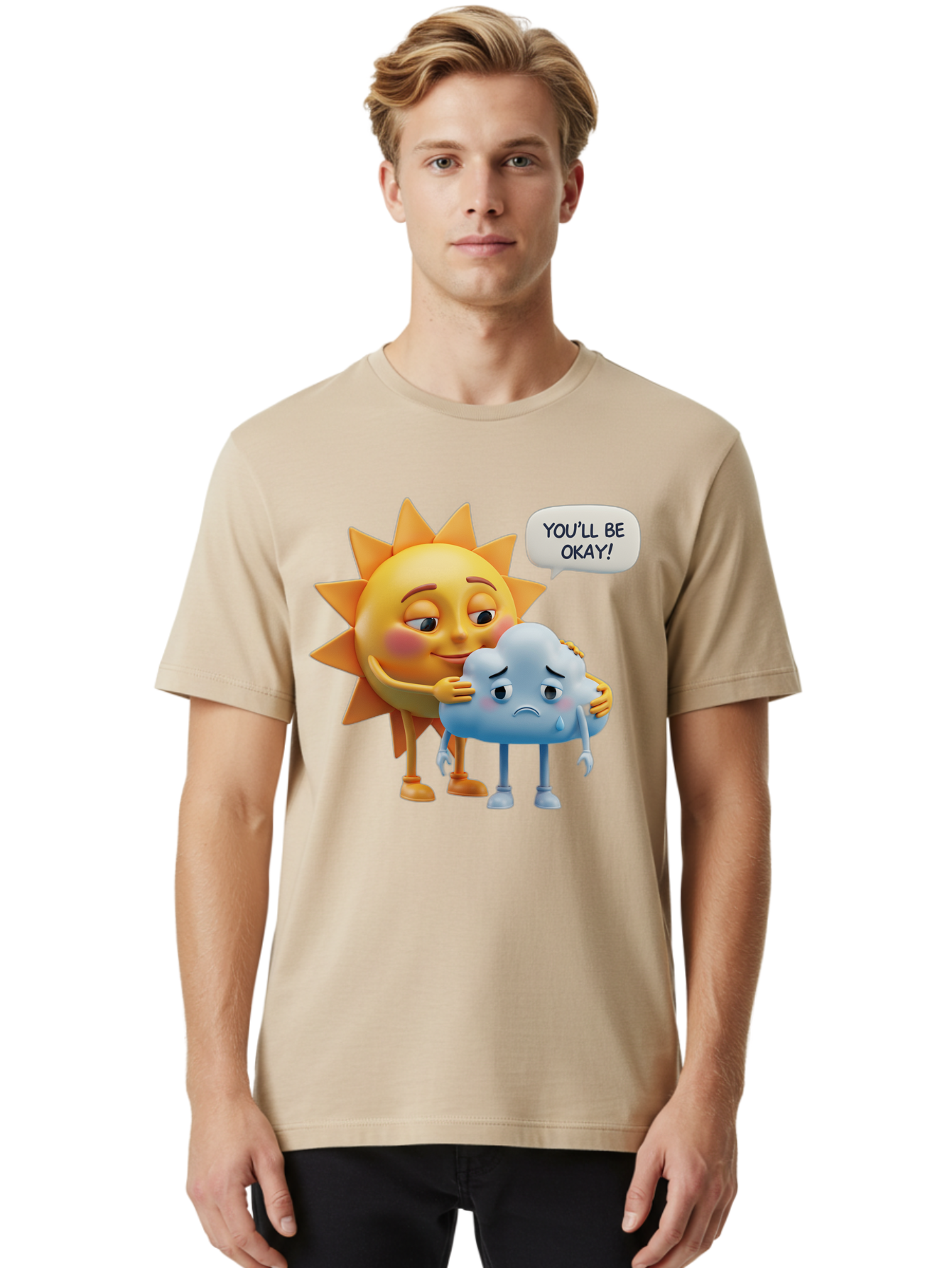 You-Ll-Be-Okay Men'S Graphic Tee, 100% Cotton, Comfortable Casual Summer Wear, Machine Washable, Sun Hugging Sad Cloud, Reassuring Words, Emotional Support, Comforting Scene, Mental Health Awareness, Positivity, Friendship, Cartoon Characters Bae110