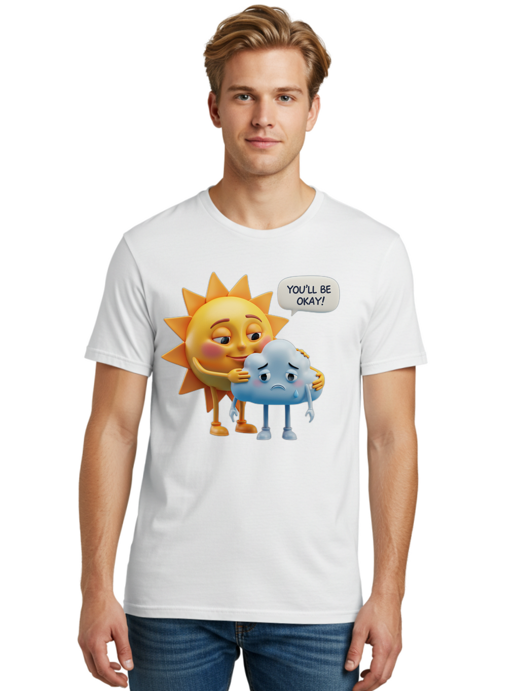 You-Ll-Be-Okay Men'S Graphic Tee, 100% Cotton, Comfortable Casual Summer Wear, Machine Washable, Sun Hugging Sad Cloud, Reassuring Words, Emotional Support, Comforting Scene, Mental Health Awareness, Positivity, Friendship, Cartoon Characters Bae110