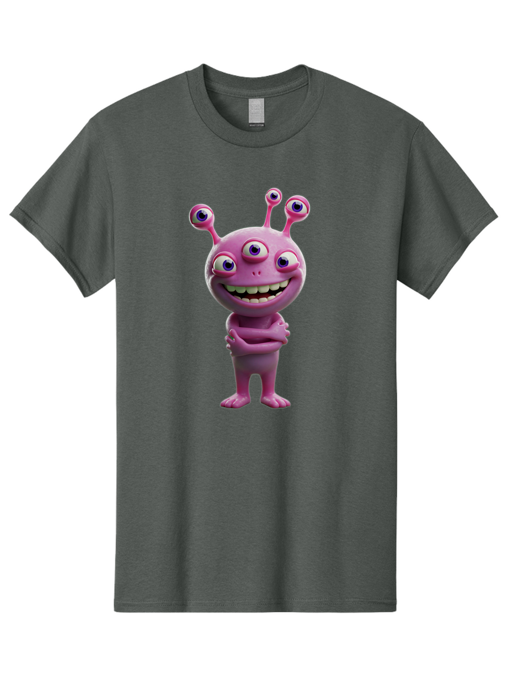 Alien-Character Men'S Graphic Tee, 100% Cotton, Comfortable Casual Summer Wear, Machine Washable, Pink Alien, Cartoon Character, Multiple Eyes, Wide Smile, Playful Vibe, Funny Creature, 3D Illustration, Fantasy Being, Happy Face, Playful Eyes Bae111