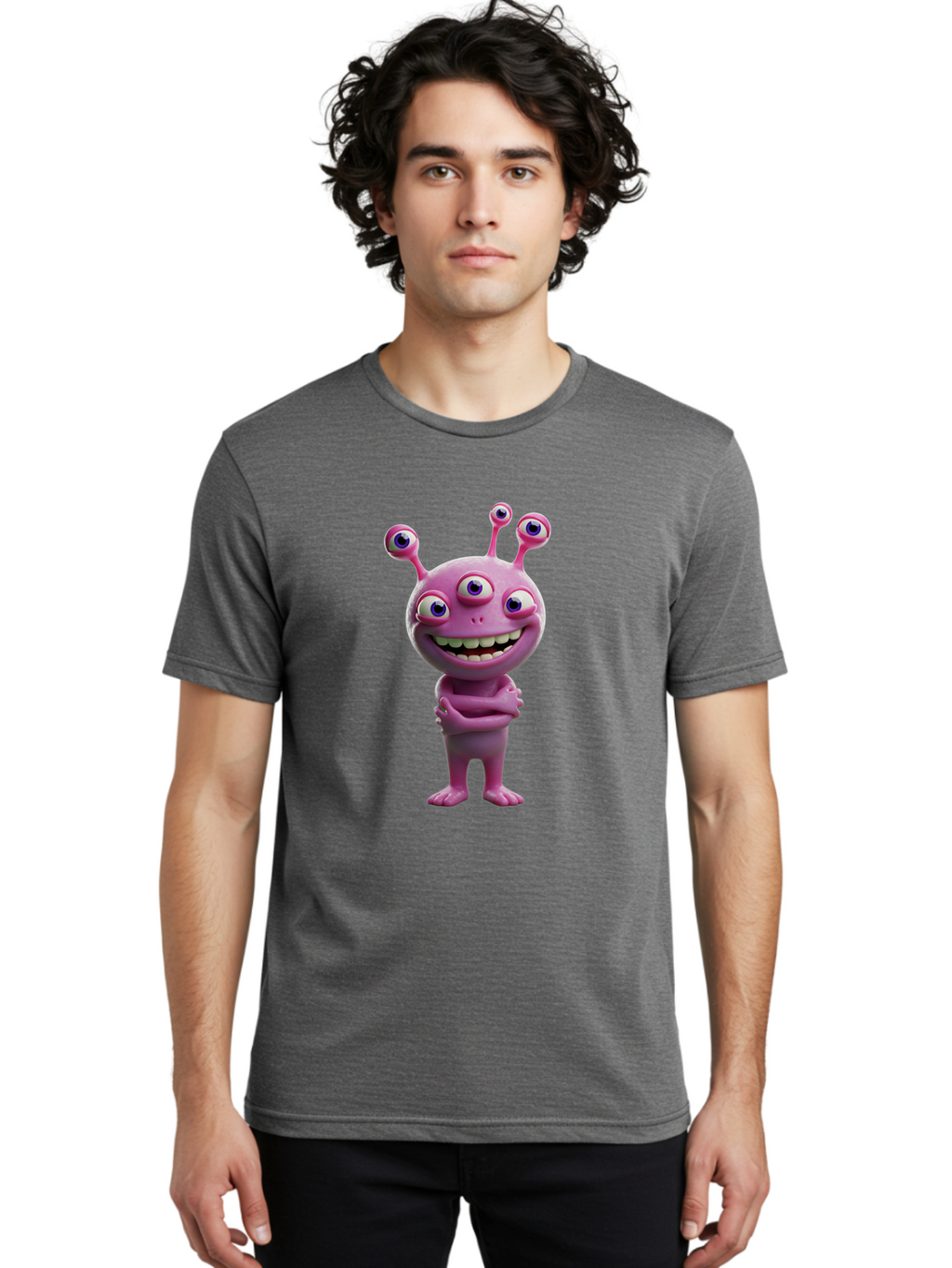 Alien-Character Men'S Graphic Tee, 100% Cotton, Comfortable Casual Summer Wear, Machine Washable, Pink Alien, Cartoon Character, Multiple Eyes, Wide Smile, Playful Vibe, Funny Creature, 3D Illustration, Fantasy Being, Happy Face, Playful Eyes Bae111