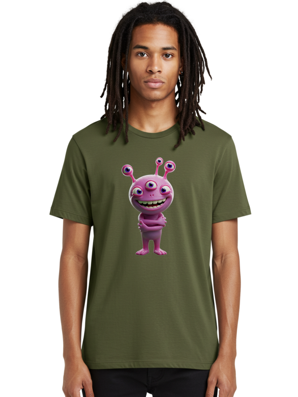 Alien-Character Men'S Graphic Tee, 100% Cotton, Comfortable Casual Summer Wear, Machine Washable, Pink Alien, Cartoon Character, Multiple Eyes, Wide Smile, Playful Vibe, Funny Creature, 3D Illustration, Fantasy Being, Happy Face, Playful Eyes Bae111