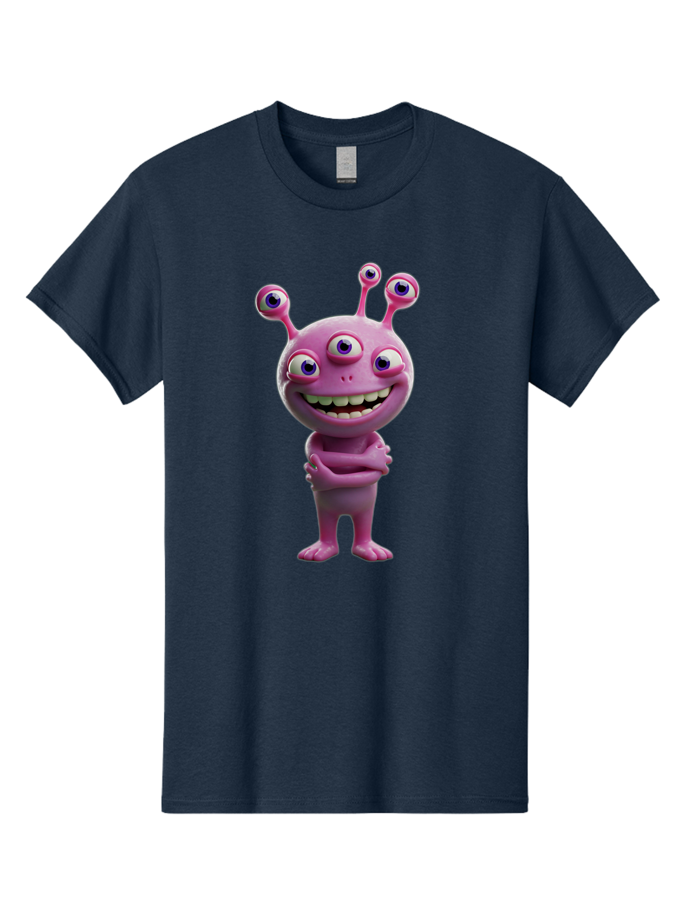 Alien-Character Men'S Graphic Tee, 100% Cotton, Comfortable Casual Summer Wear, Machine Washable, Pink Alien, Cartoon Character, Multiple Eyes, Wide Smile, Playful Vibe, Funny Creature, 3D Illustration, Fantasy Being, Happy Face, Playful Eyes Bae111