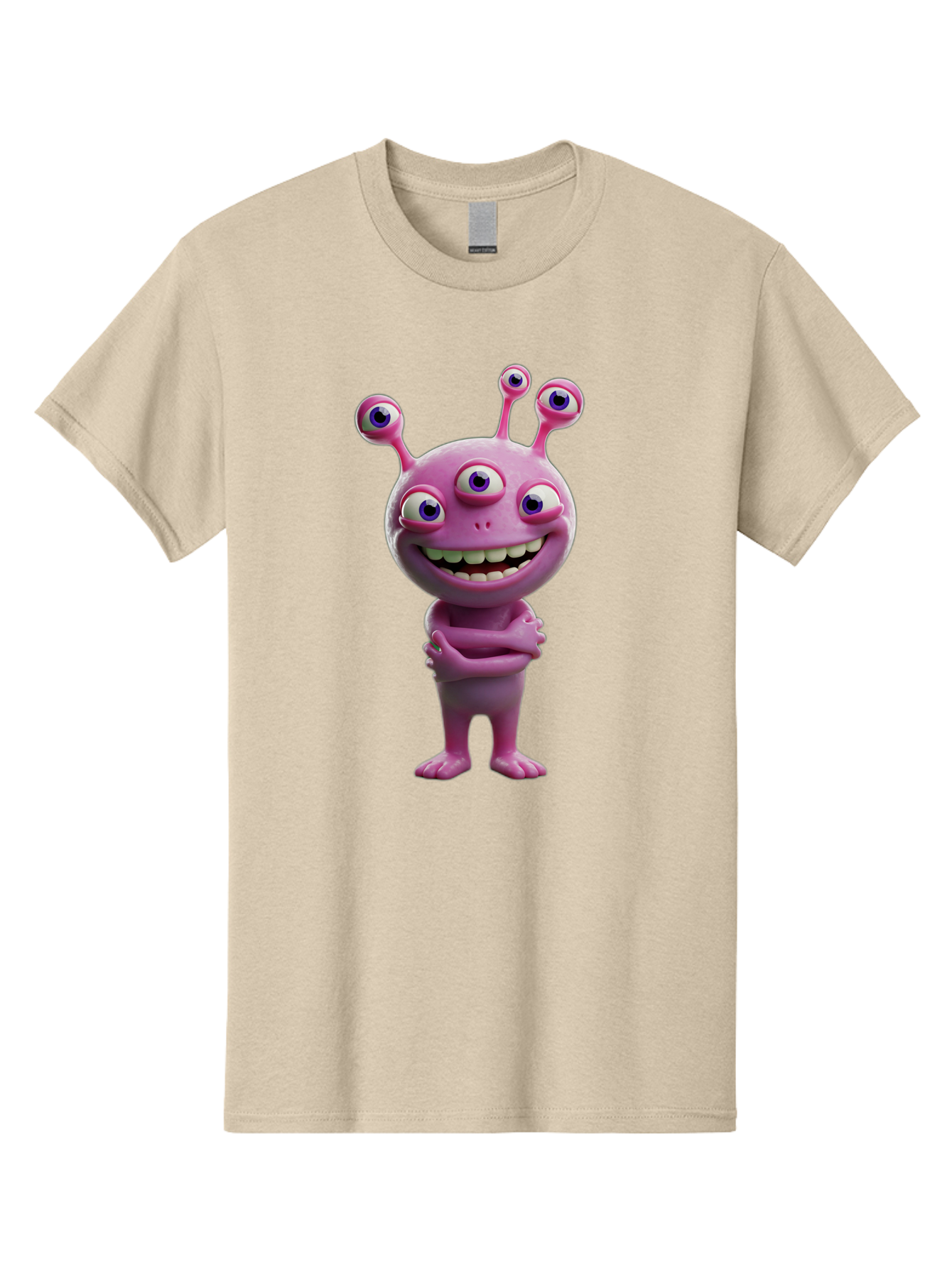 Alien-Character Men'S Graphic Tee, 100% Cotton, Comfortable Casual Summer Wear, Machine Washable, Pink Alien, Cartoon Character, Multiple Eyes, Wide Smile, Playful Vibe, Funny Creature, 3D Illustration, Fantasy Being, Happy Face, Playful Eyes Bae111