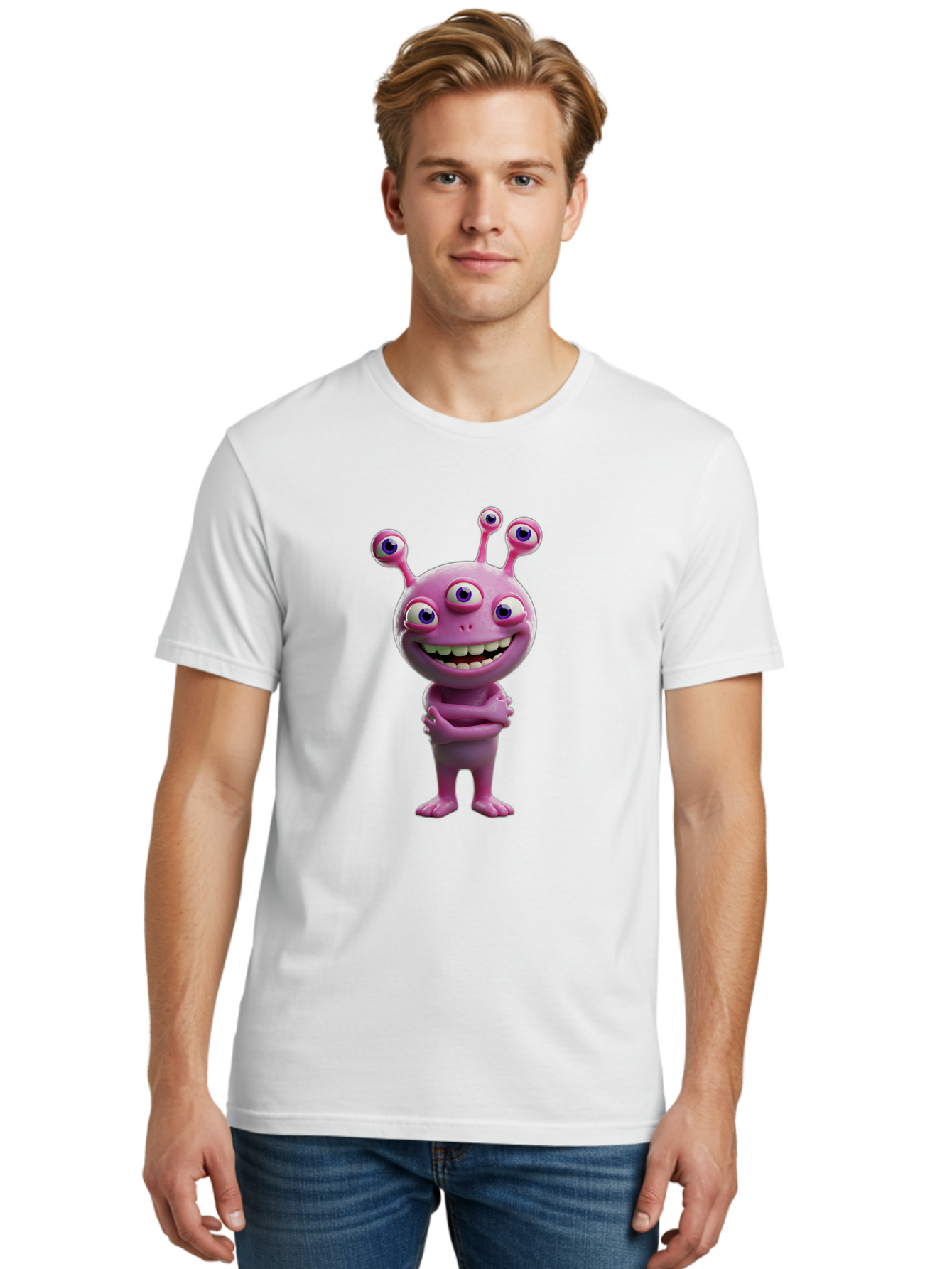 Alien-Character Men'S Graphic Tee, 100% Cotton, Comfortable Casual Summer Wear, Machine Washable, Pink Alien, Cartoon Character, Multiple Eyes, Wide Smile, Playful Vibe, Funny Creature, 3D Illustration, Fantasy Being, Happy Face, Playful Eyes Bae111