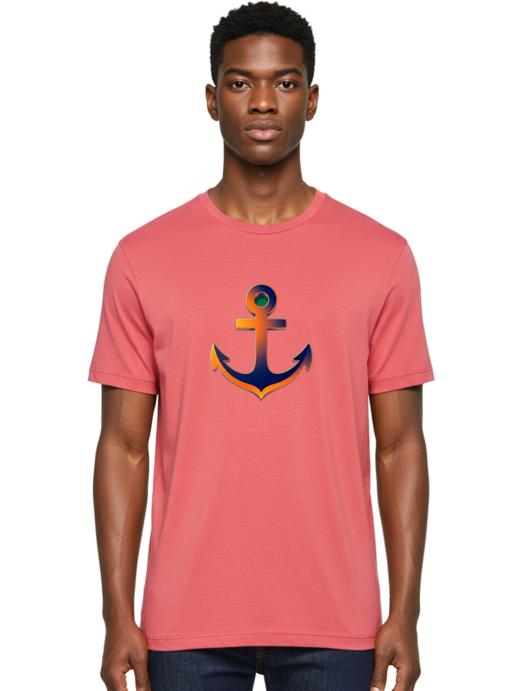 Anchor Men'S Graphic Tee, 100% Cotton, Comfortable Casual Summer Wear, Machine Washable, Anchor Symbol, Nautical Theme, Navy Blue And Orange Gradient, 3D Effect, Maritime Icon, Bold Design, Gradient Colors, Anchor Illustration Bae114
