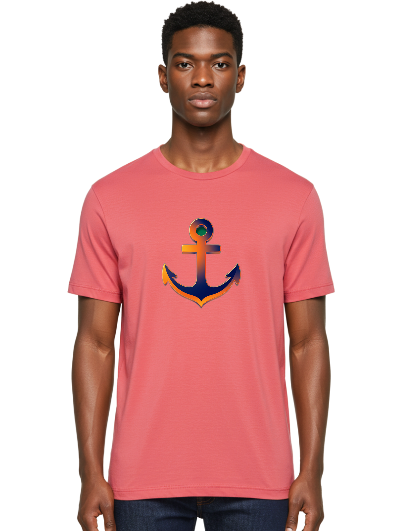 Anchor Men'S Graphic Tee, 100% Cotton, Comfortable Casual Summer Wear, Machine Washable, Anchor Symbol, Nautical Theme, Navy Blue And Orange Gradient, 3D Effect, Maritime Icon, Bold Design, Gradient Colors, Anchor Illustration Bae114