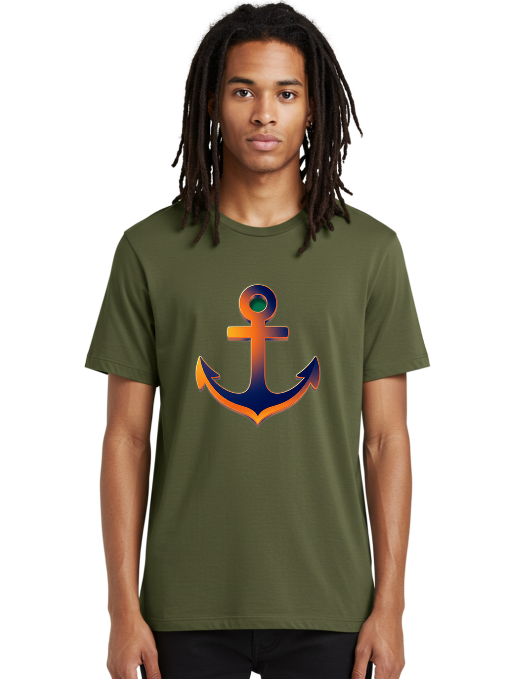 Anchor Men'S Graphic Tee, 100% Cotton, Comfortable Casual Summer Wear, Machine Washable, Anchor Symbol, Nautical Theme, Navy Blue And Orange Gradient, 3D Effect, Maritime Icon, Bold Design, Gradient Colors, Anchor Illustration Bae114