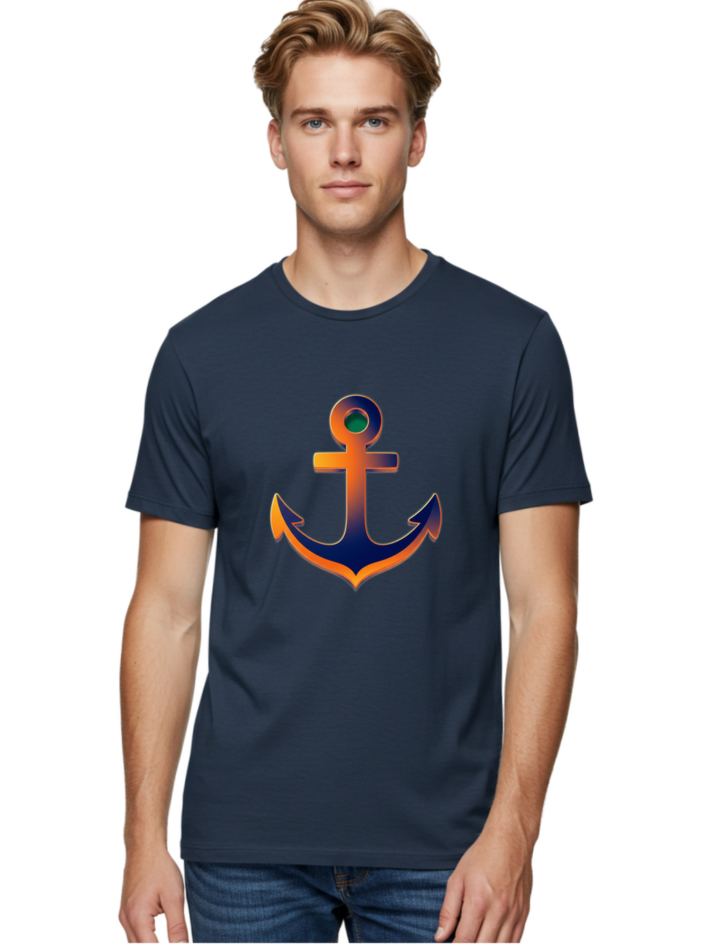 Anchor Men'S Graphic Tee, 100% Cotton, Comfortable Casual Summer Wear, Machine Washable, Anchor Symbol, Nautical Theme, Navy Blue And Orange Gradient, 3D Effect, Maritime Icon, Bold Design, Gradient Colors, Anchor Illustration Bae114