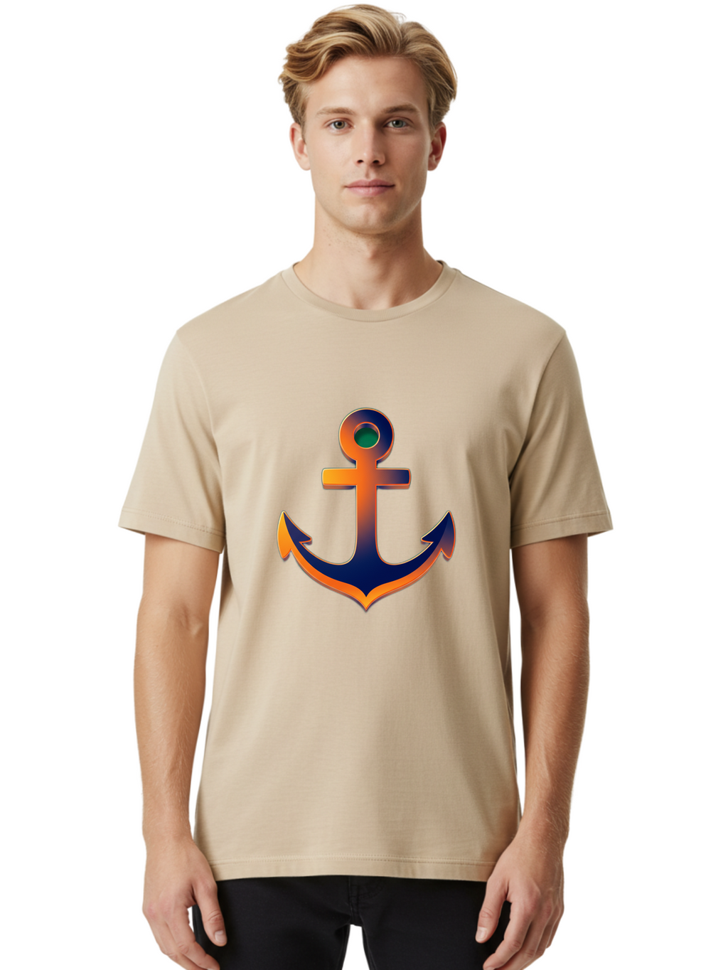 Anchor Men'S Graphic Tee, 100% Cotton, Comfortable Casual Summer Wear, Machine Washable, Anchor Symbol, Nautical Theme, Navy Blue And Orange Gradient, 3D Effect, Maritime Icon, Bold Design, Gradient Colors, Anchor Illustration Bae114