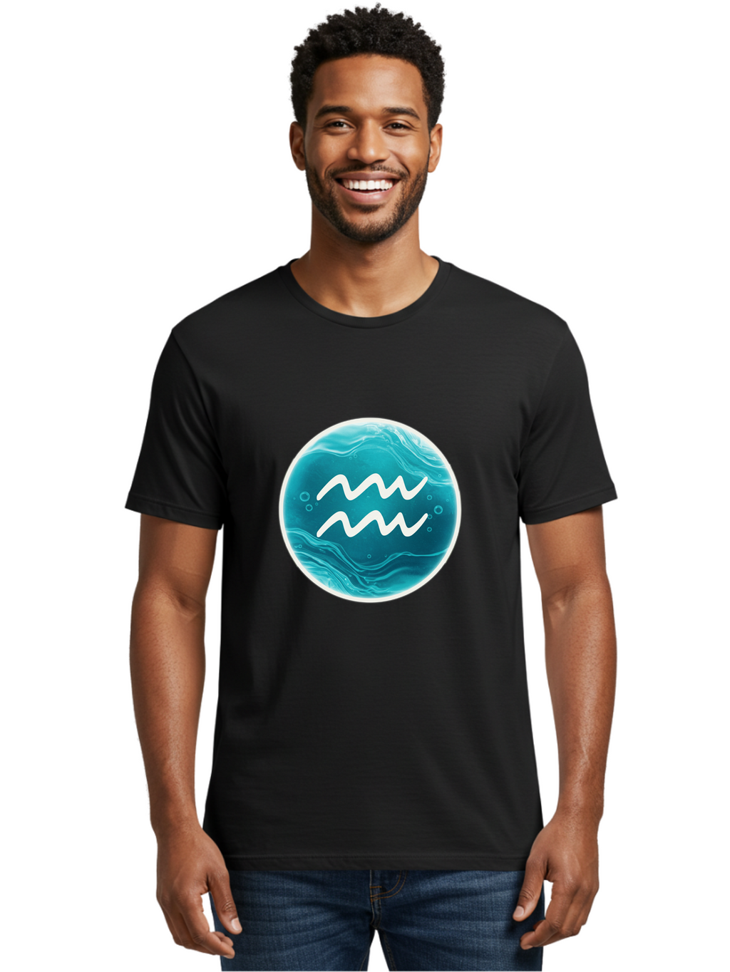 Aquarius Men'S Graphic Tee, 100% Cotton, Comfortable Casual Summer Wear, Machine Washable, Zodiac Symbol, Water Bearer Sign, Astrology Symbol, Aquarius Symbol, White Waves, Blue Circle, Mystical Design, Esoteric Art Bae115