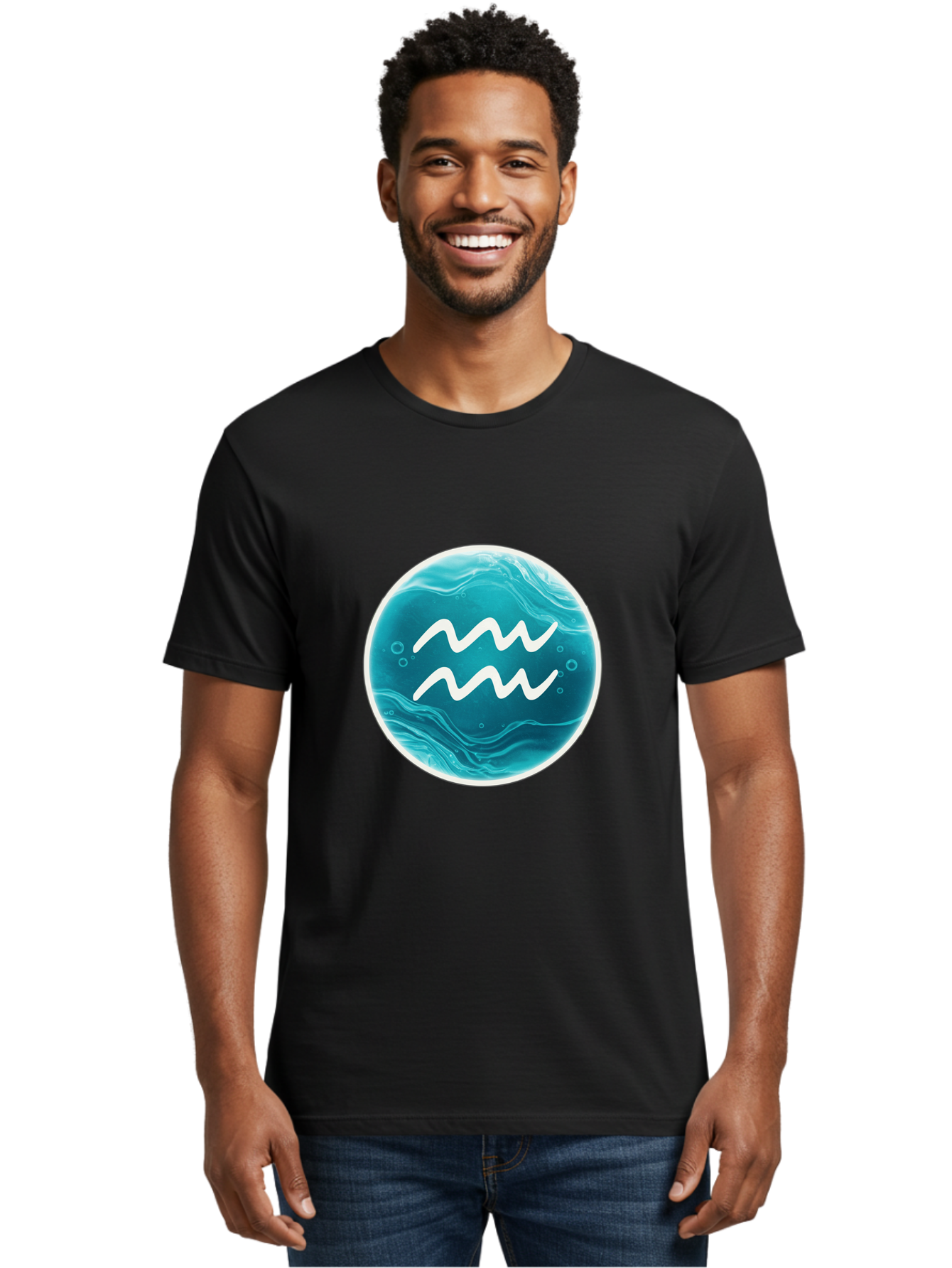 Aquarius Men'S Graphic Tee, 100% Cotton, Comfortable Casual Summer Wear, Machine Washable, Zodiac Symbol, Water Bearer Sign, Astrology Symbol, Aquarius Symbol, White Waves, Blue Circle, Mystical Design, Esoteric Art Bae115