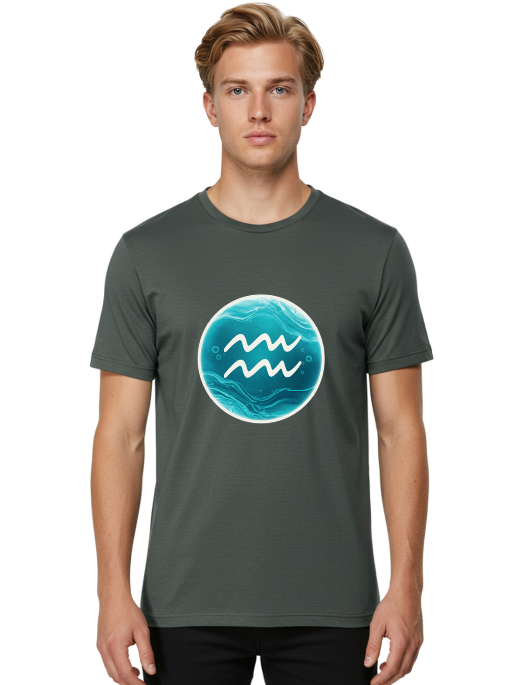 Aquarius Men'S Graphic Tee, 100% Cotton, Comfortable Casual Summer Wear, Machine Washable, Zodiac Symbol, Water Bearer Sign, Astrology Symbol, Aquarius Symbol, White Waves, Blue Circle, Mystical Design, Esoteric Art Bae115