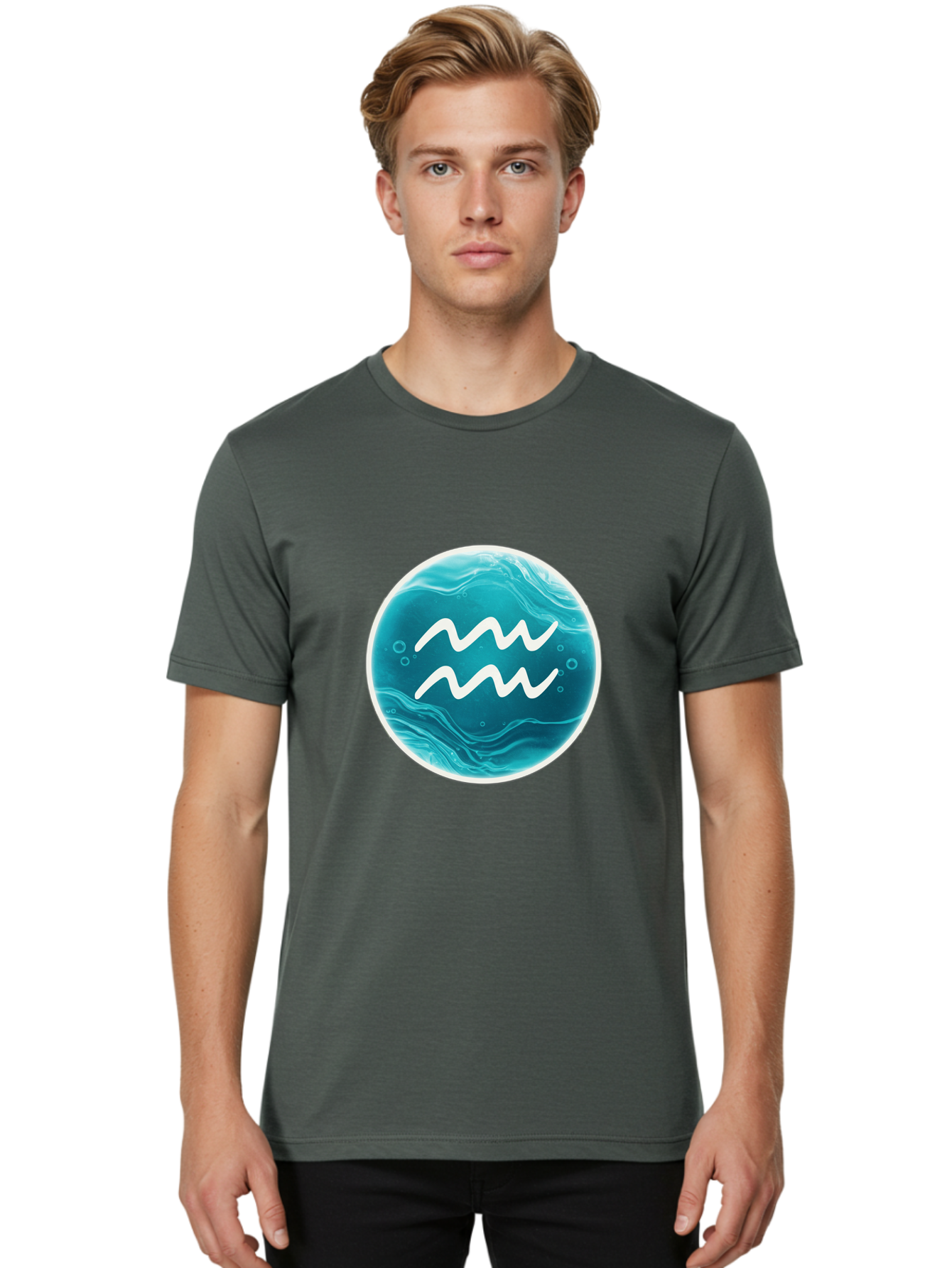 Aquarius Men'S Graphic Tee, 100% Cotton, Comfortable Casual Summer Wear, Machine Washable, Zodiac Symbol, Water Bearer Sign, Astrology Symbol, Aquarius Symbol, White Waves, Blue Circle, Mystical Design, Esoteric Art Bae115