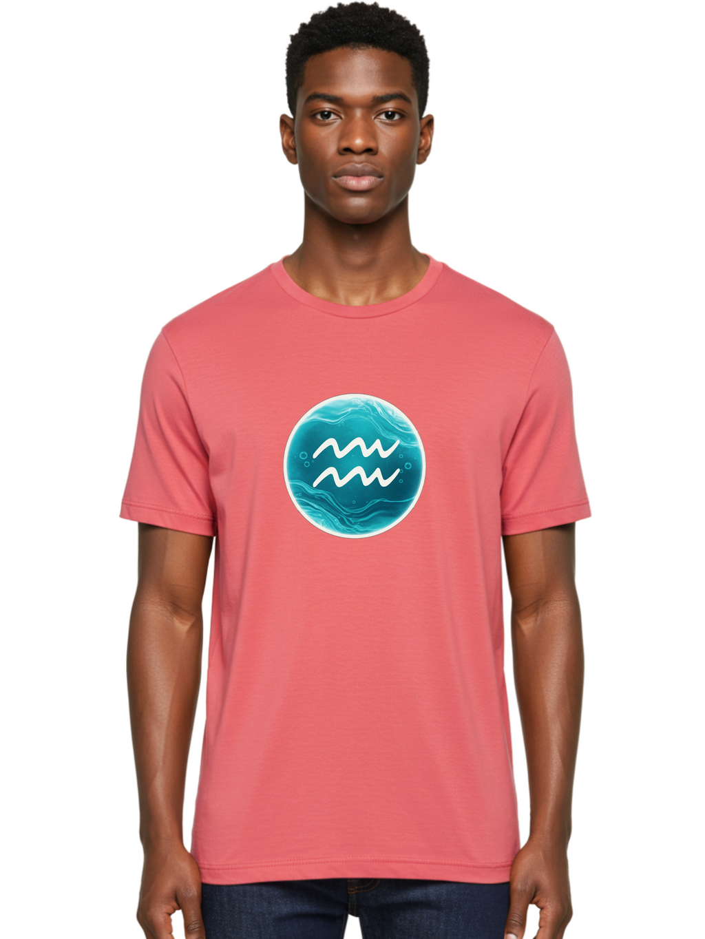 Aquarius Men'S Graphic Tee, 100% Cotton, Comfortable Casual Summer Wear, Machine Washable, Zodiac Symbol, Water Bearer Sign, Astrology Symbol, Aquarius Symbol, White Waves, Blue Circle, Mystical Design, Esoteric Art Bae115