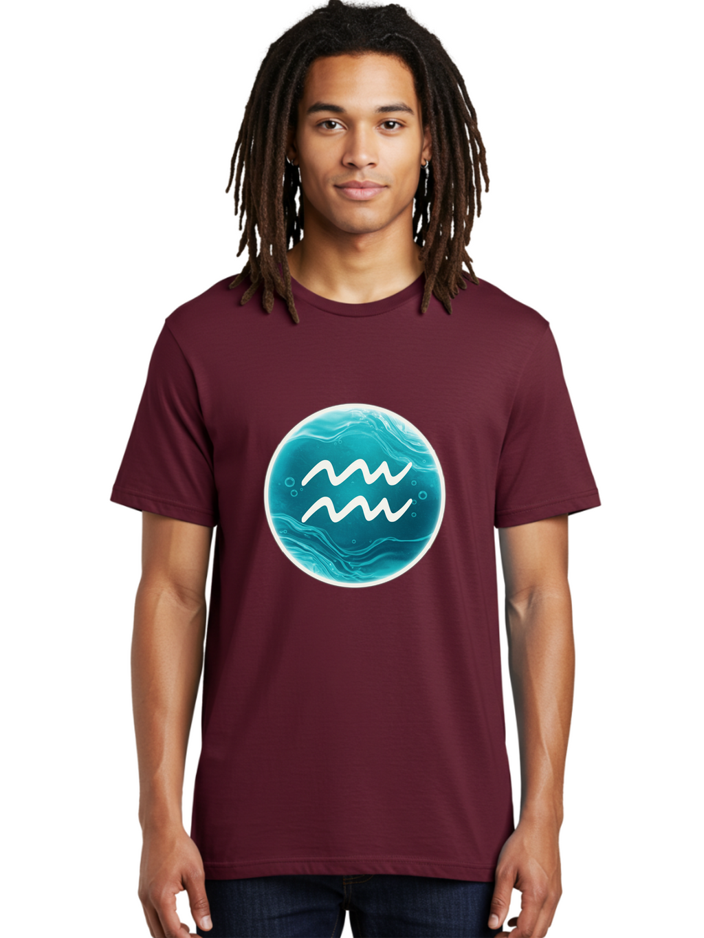 Aquarius Men'S Graphic Tee, 100% Cotton, Comfortable Casual Summer Wear, Machine Washable, Zodiac Symbol, Water Bearer Sign, Astrology Symbol, Aquarius Symbol, White Waves, Blue Circle, Mystical Design, Esoteric Art Bae115