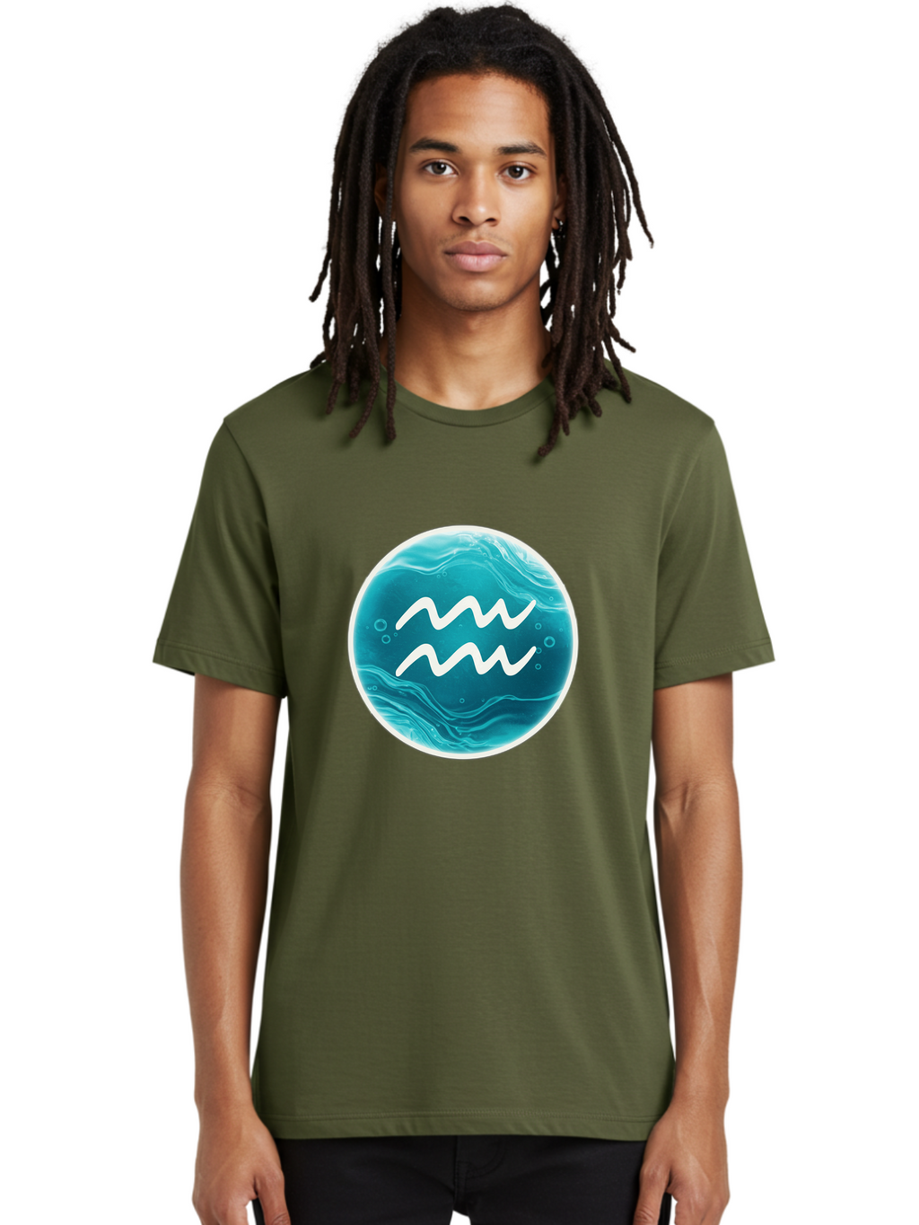 Aquarius Men'S Graphic Tee, 100% Cotton, Comfortable Casual Summer Wear, Machine Washable, Zodiac Symbol, Water Bearer Sign, Astrology Symbol, Aquarius Symbol, White Waves, Blue Circle, Mystical Design, Esoteric Art Bae115