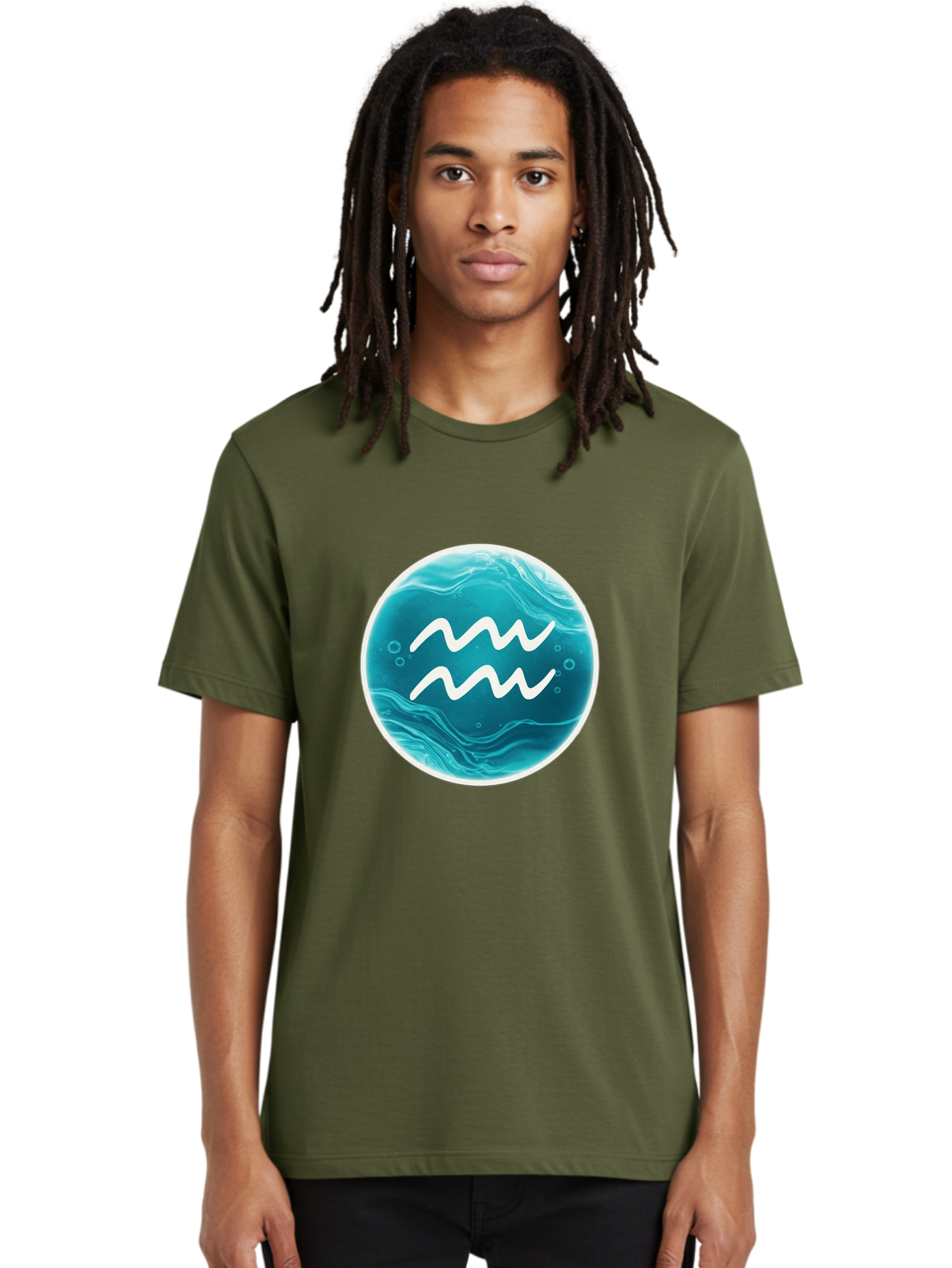Aquarius Men'S Graphic Tee, 100% Cotton, Comfortable Casual Summer Wear, Machine Washable, Zodiac Symbol, Water Bearer Sign, Astrology Symbol, Aquarius Symbol, White Waves, Blue Circle, Mystical Design, Esoteric Art Bae115