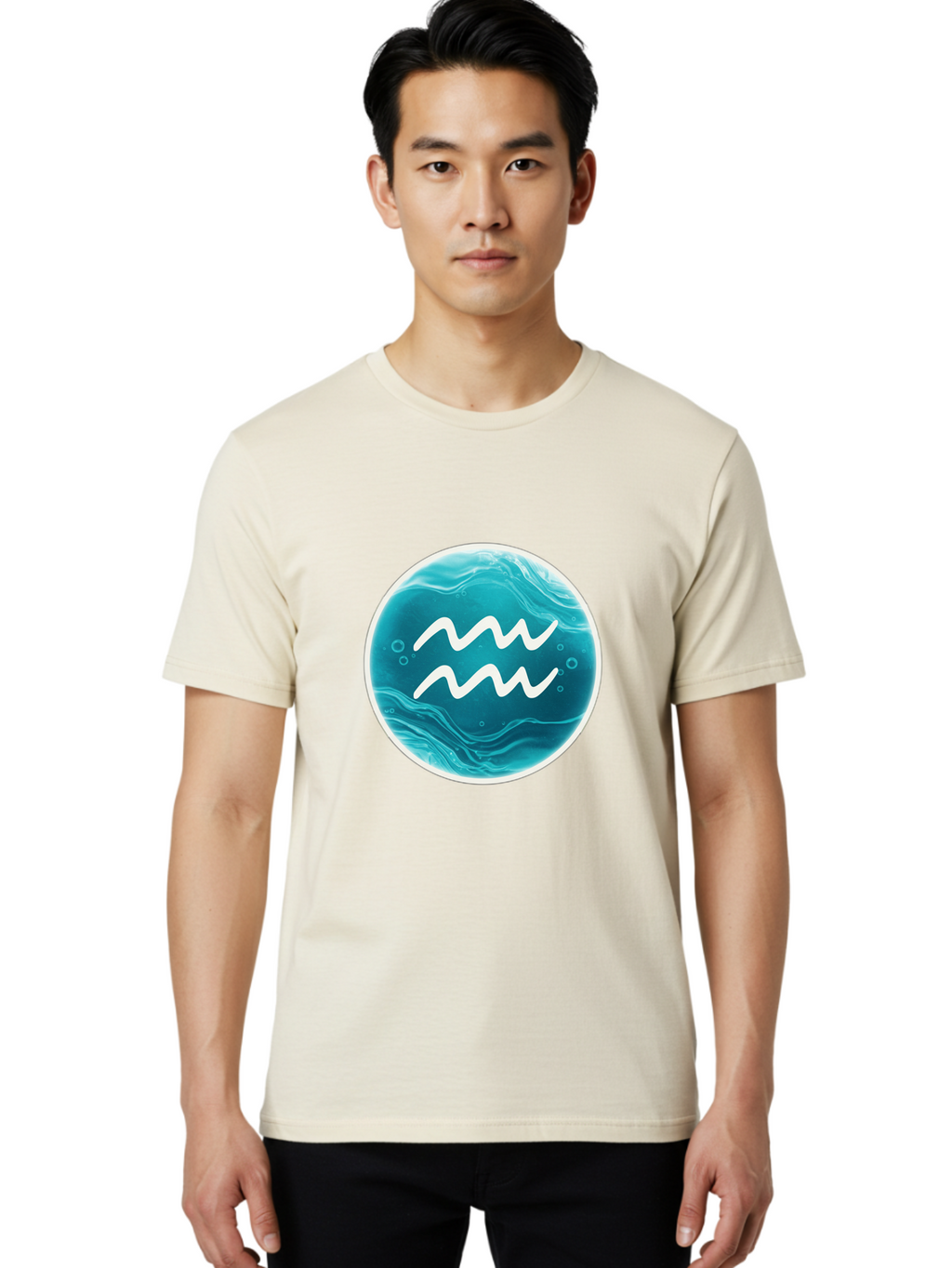 Aquarius Men'S Graphic Tee, 100% Cotton, Comfortable Casual Summer Wear, Machine Washable, Zodiac Symbol, Water Bearer Sign, Astrology Symbol, Aquarius Symbol, White Waves, Blue Circle, Mystical Design, Esoteric Art Bae115