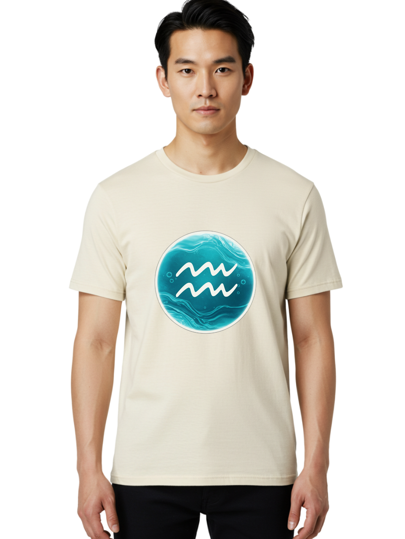 Aquarius Men'S Graphic Tee, 100% Cotton, Comfortable Casual Summer Wear, Machine Washable, Zodiac Symbol, Water Bearer Sign, Astrology Symbol, Aquarius Symbol, White Waves, Blue Circle, Mystical Design, Esoteric Art Bae115
