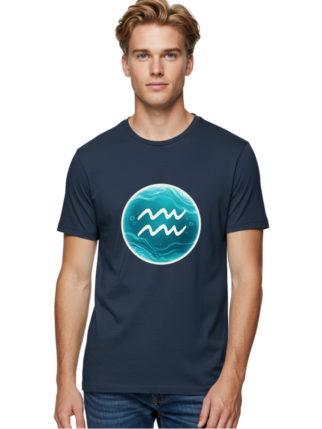 Aquarius Men'S Graphic Tee, 100% Cotton, Comfortable Casual Summer Wear, Machine Washable, Zodiac Symbol, Water Bearer Sign, Astrology Symbol, Aquarius Symbol, White Waves, Blue Circle, Mystical Design, Esoteric Art Bae115