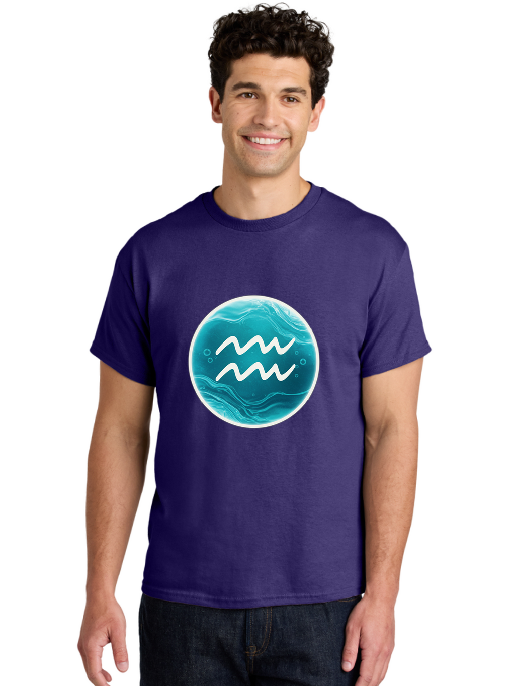 Aquarius Men'S Graphic Tee, 100% Cotton, Comfortable Casual Summer Wear, Machine Washable, Zodiac Symbol, Water Bearer Sign, Astrology Symbol, Aquarius Symbol, White Waves, Blue Circle, Mystical Design, Esoteric Art Bae115