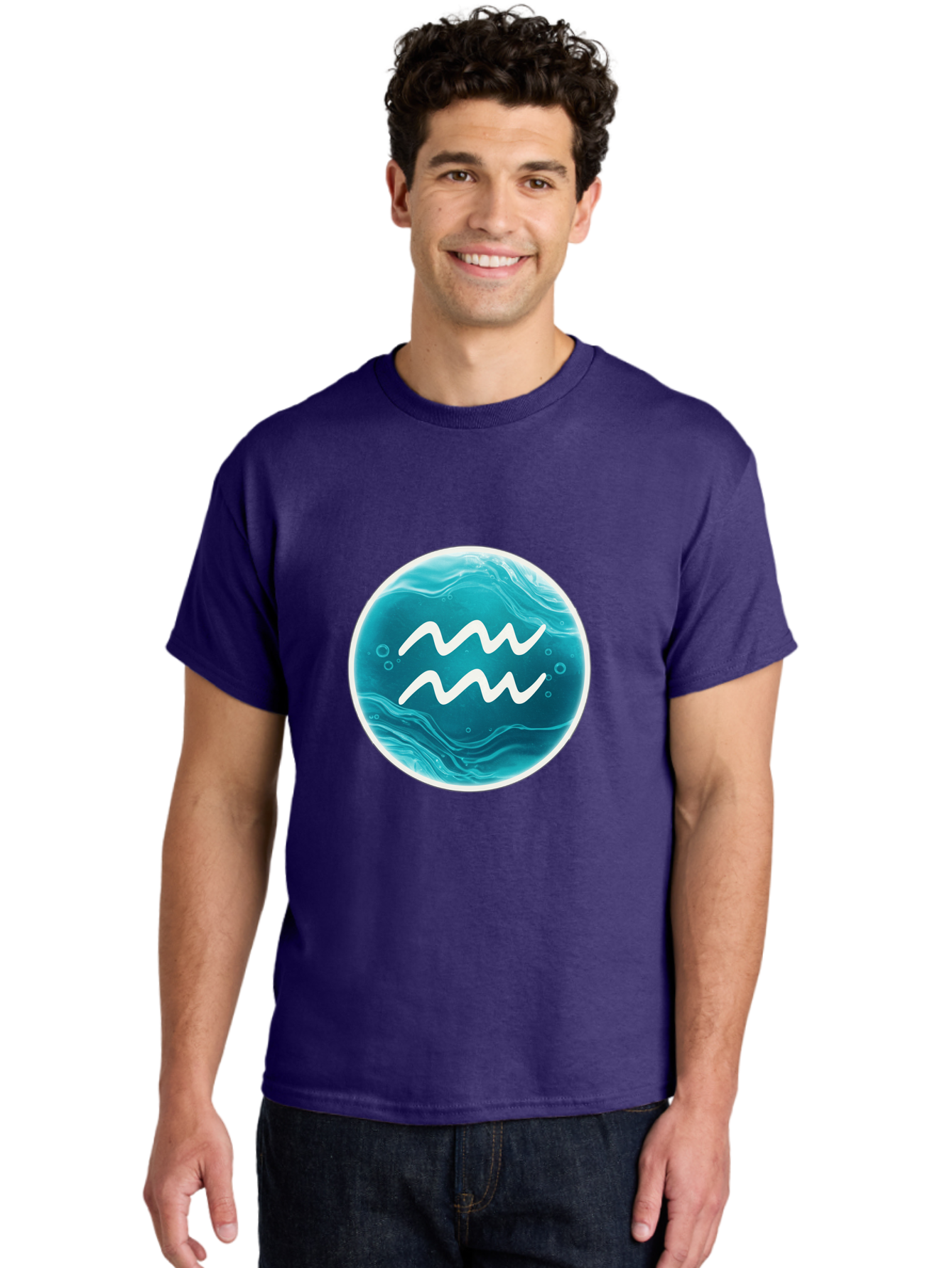 Aquarius Men'S Graphic Tee, 100% Cotton, Comfortable Casual Summer Wear, Machine Washable, Zodiac Symbol, Water Bearer Sign, Astrology Symbol, Aquarius Symbol, White Waves, Blue Circle, Mystical Design, Esoteric Art Bae115