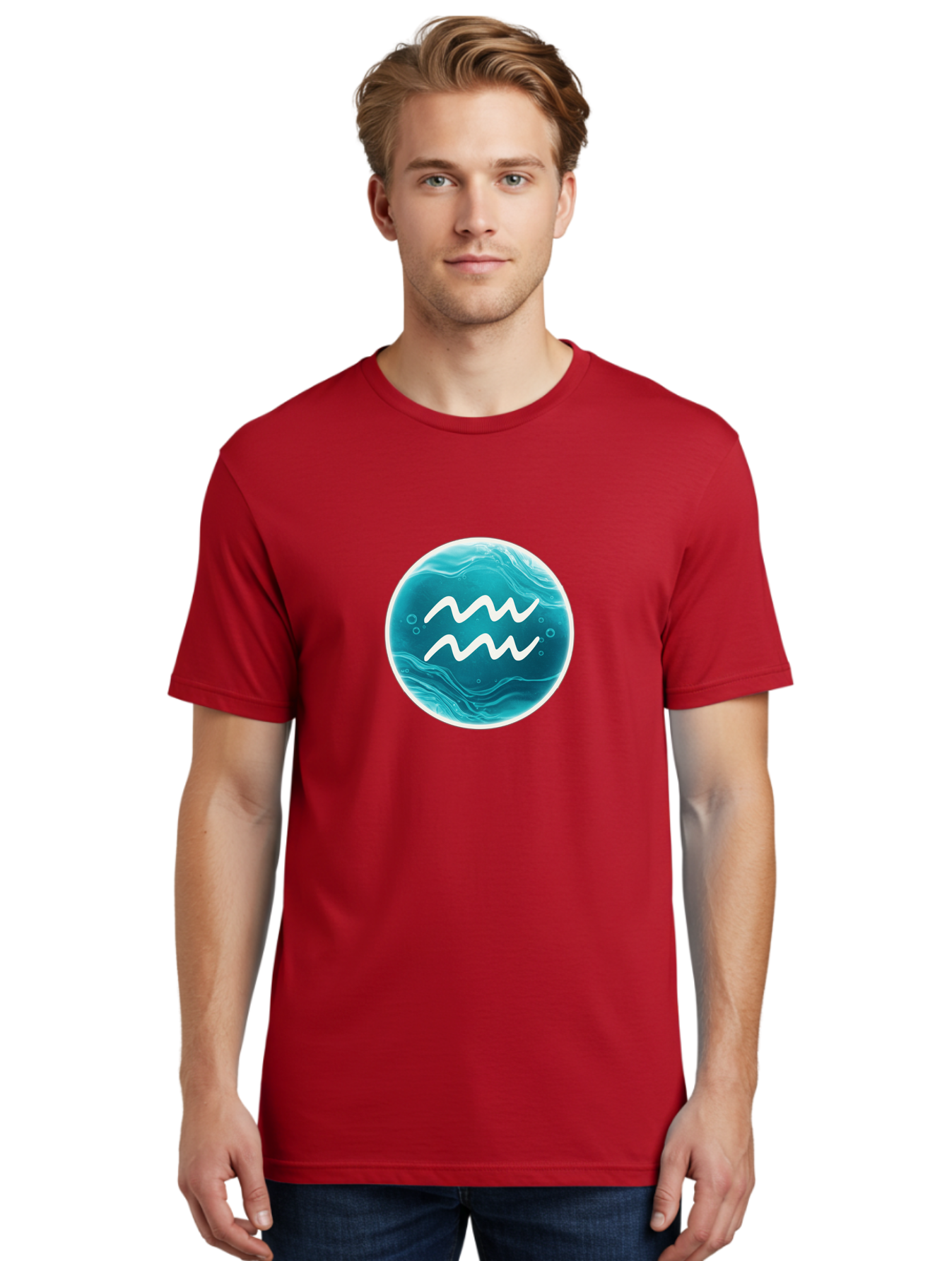 Aquarius Men'S Graphic Tee, 100% Cotton, Comfortable Casual Summer Wear, Machine Washable, Zodiac Symbol, Water Bearer Sign, Astrology Symbol, Aquarius Symbol, White Waves, Blue Circle, Mystical Design, Esoteric Art Bae115